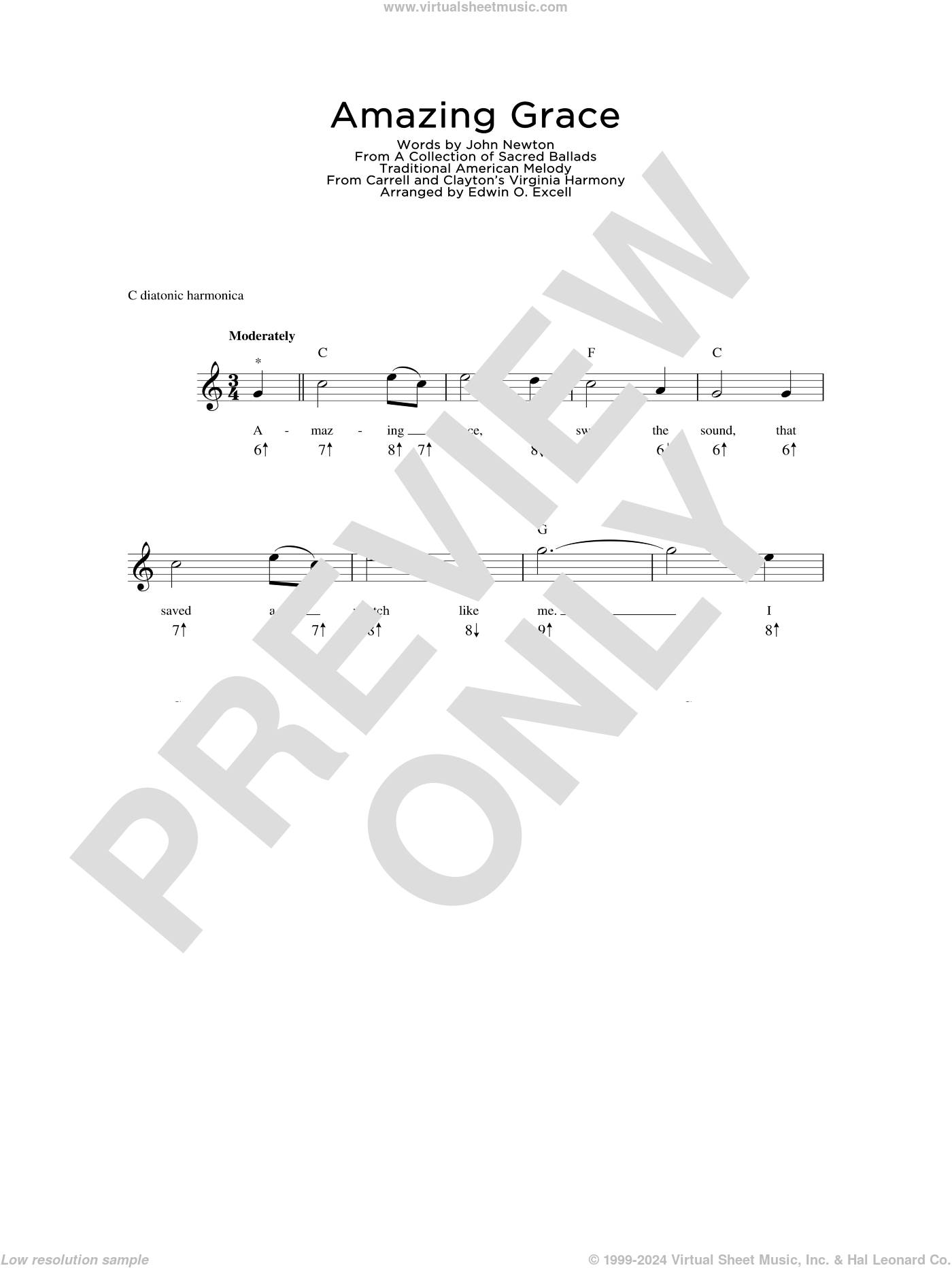 Newton Amazing Grace sheet music for harmonica solo (PDF)