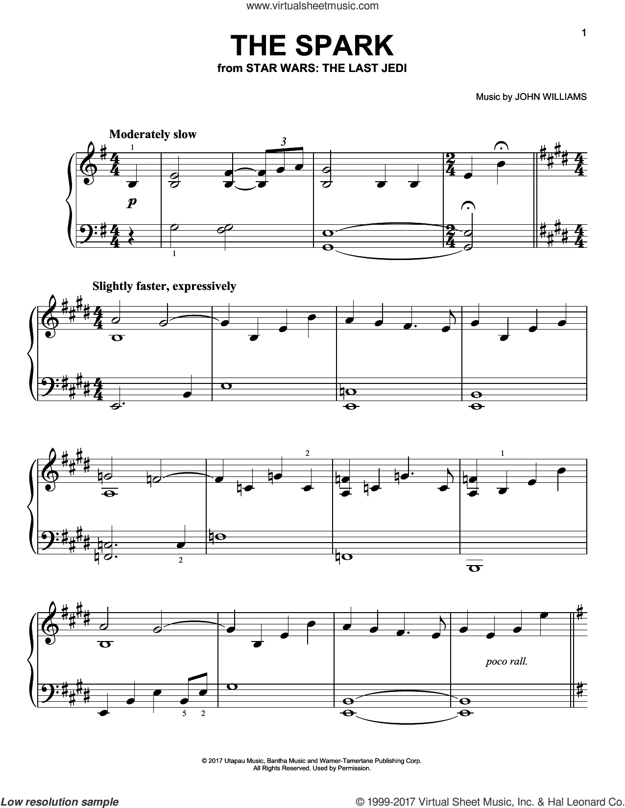 Williams - The Spark sheet music (easy) for piano solo (PDF)