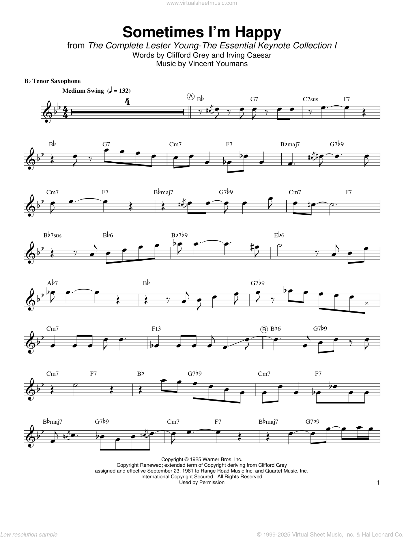 Sometimes I'm Happy sheet music for tenor saxophone solo (transcription)