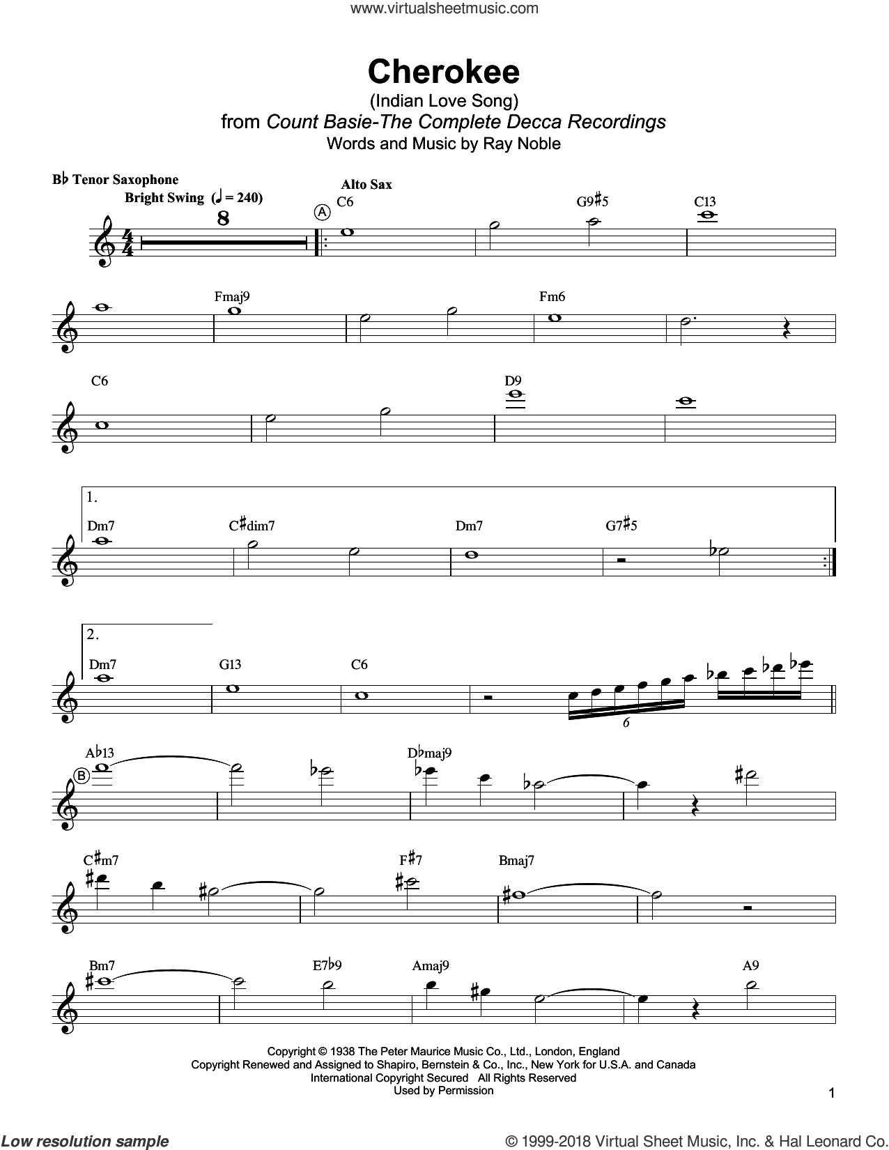 Young - Cherokee (Indian Love Song) sheet music for tenor saxophone.