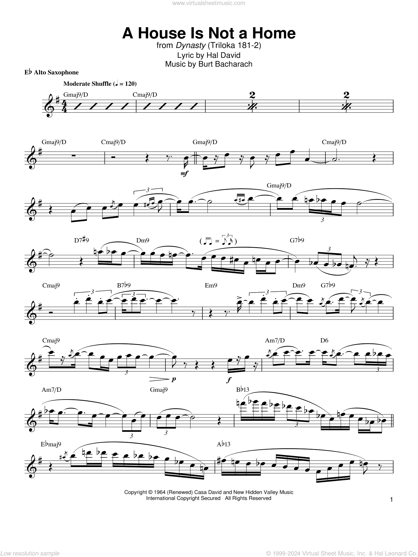 A House Is Not A Home sheet music for alto saxophone (transcription)