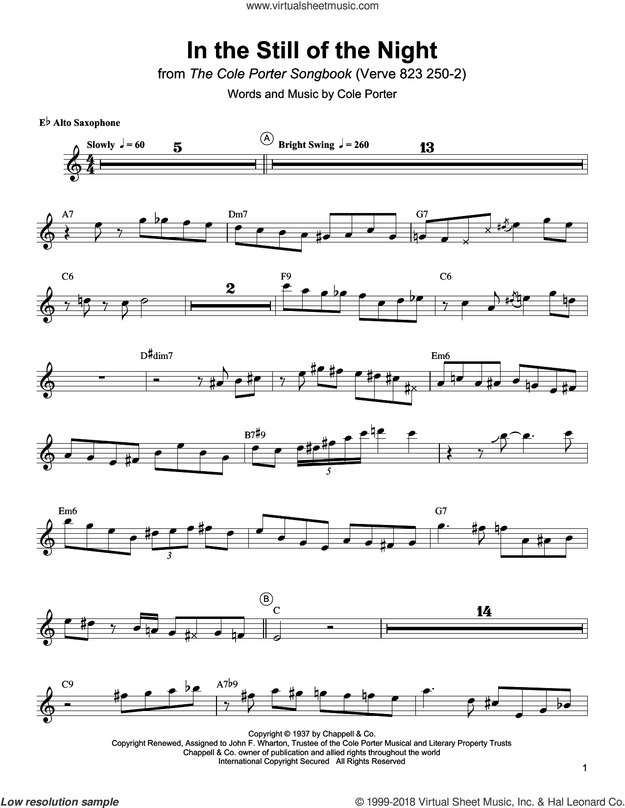 Parker In The Still Of The Night Sheet Music For Alto Saxophone Transcription