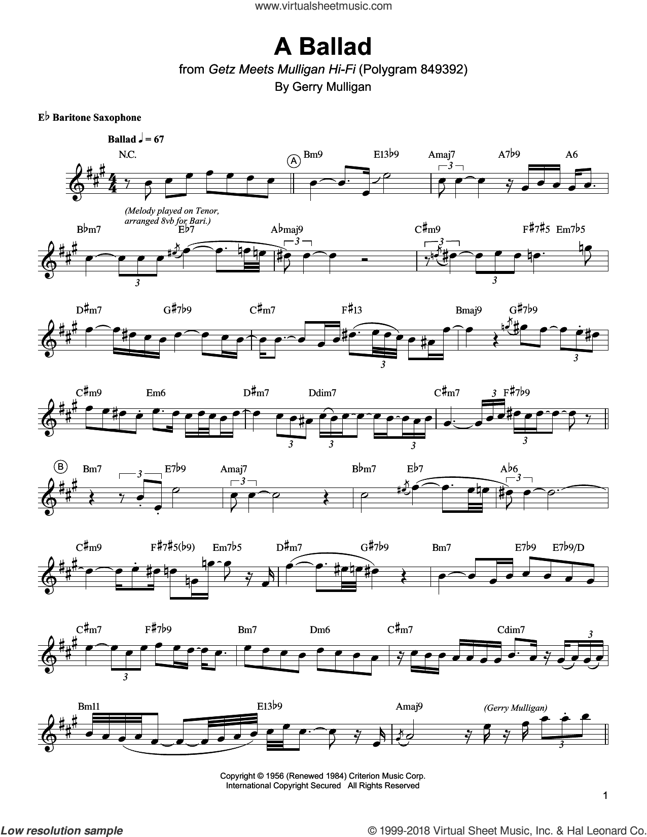 A Ballad sheet music for baritone saxophone (transcription) (PDF)