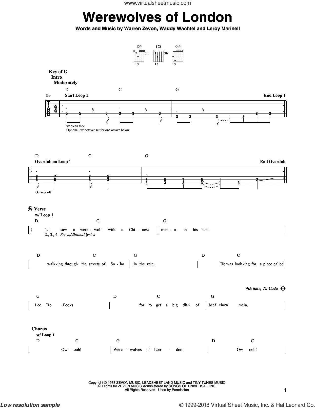 Werewolves Of London Sheet Music | Warren Zevon | Piano, Vocal & Guitar  Chords