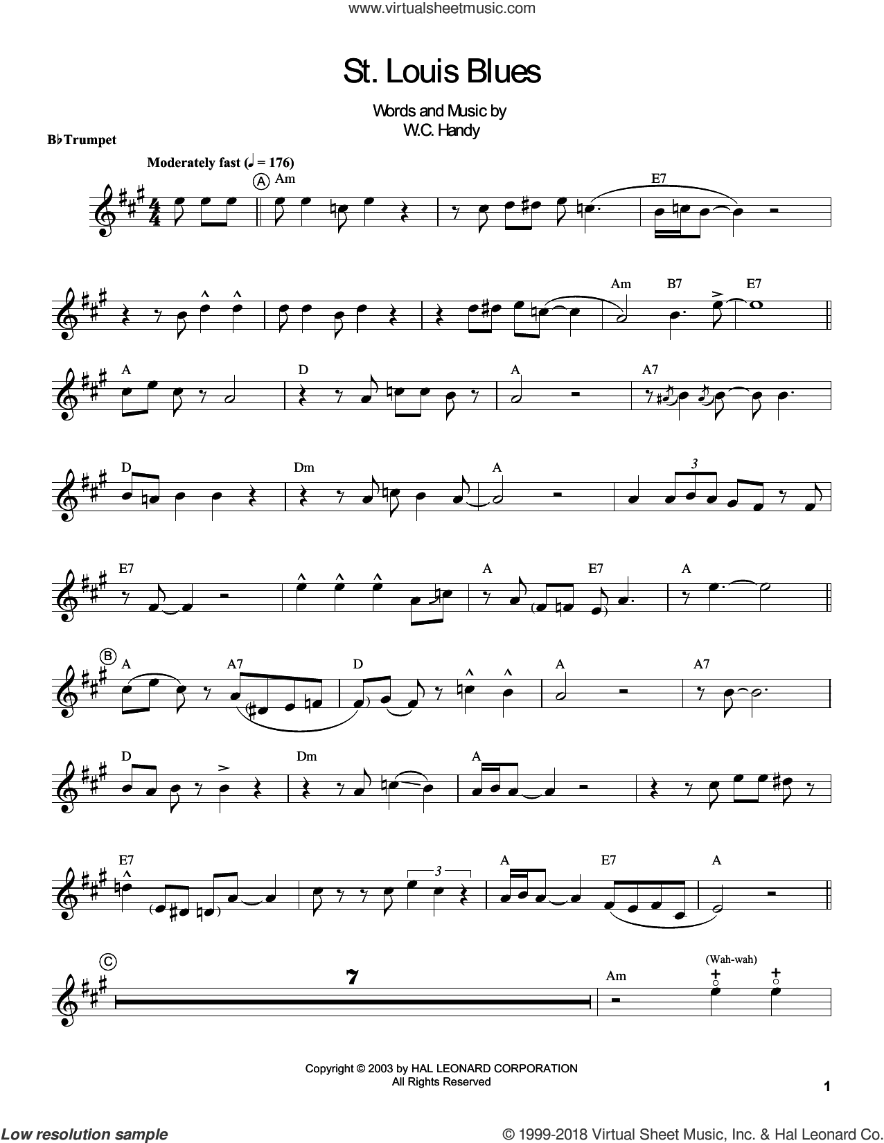 Armstrong - St. Louis Blues sheet music for trumpet solo (transcription)