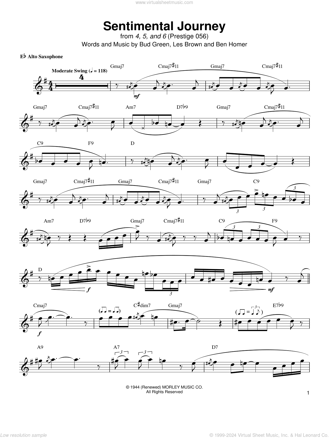 Sentimental Journey sheet music for alto saxophone (transcription)