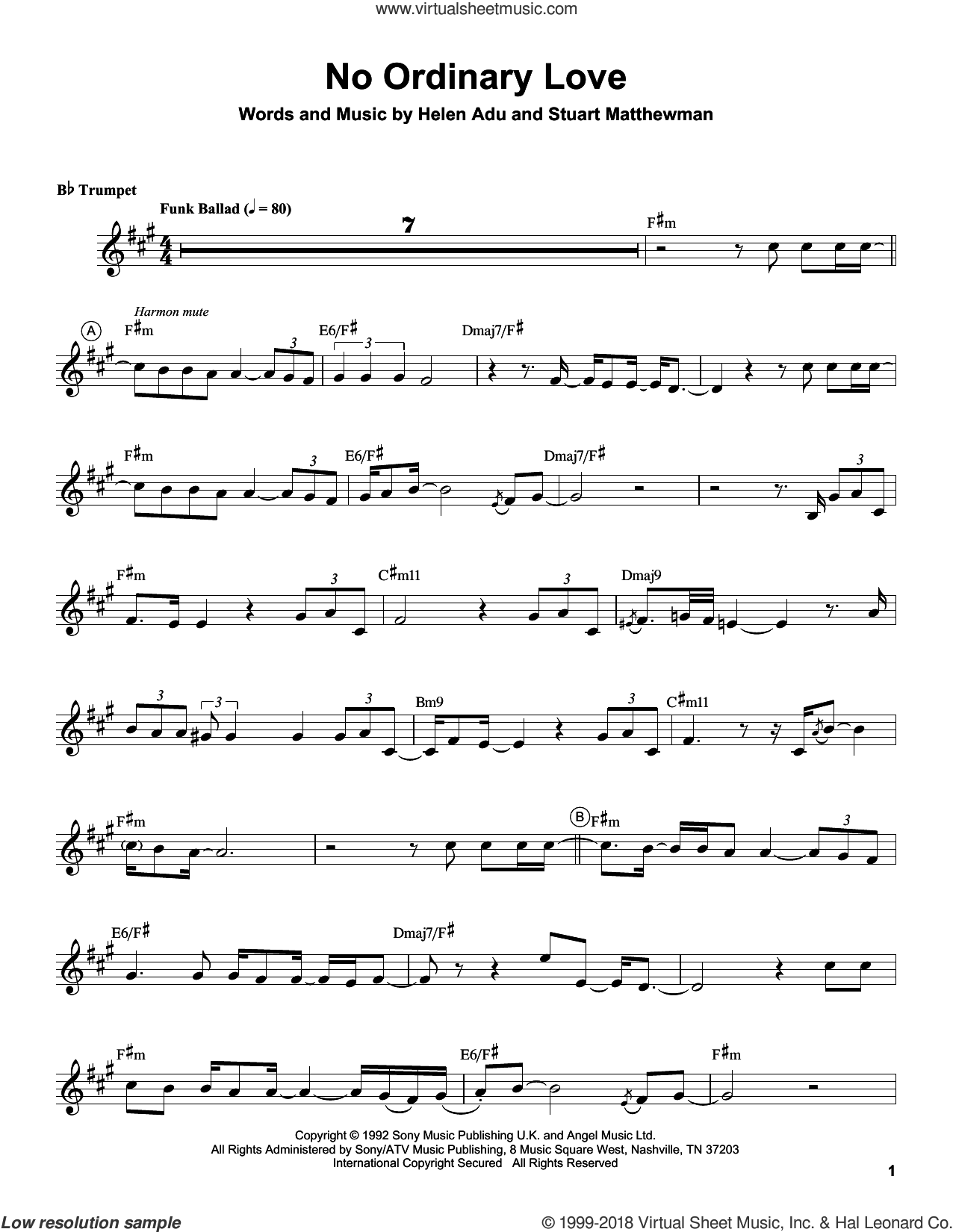 No Ordinary Love sheet music for trumpet solo (transcription)