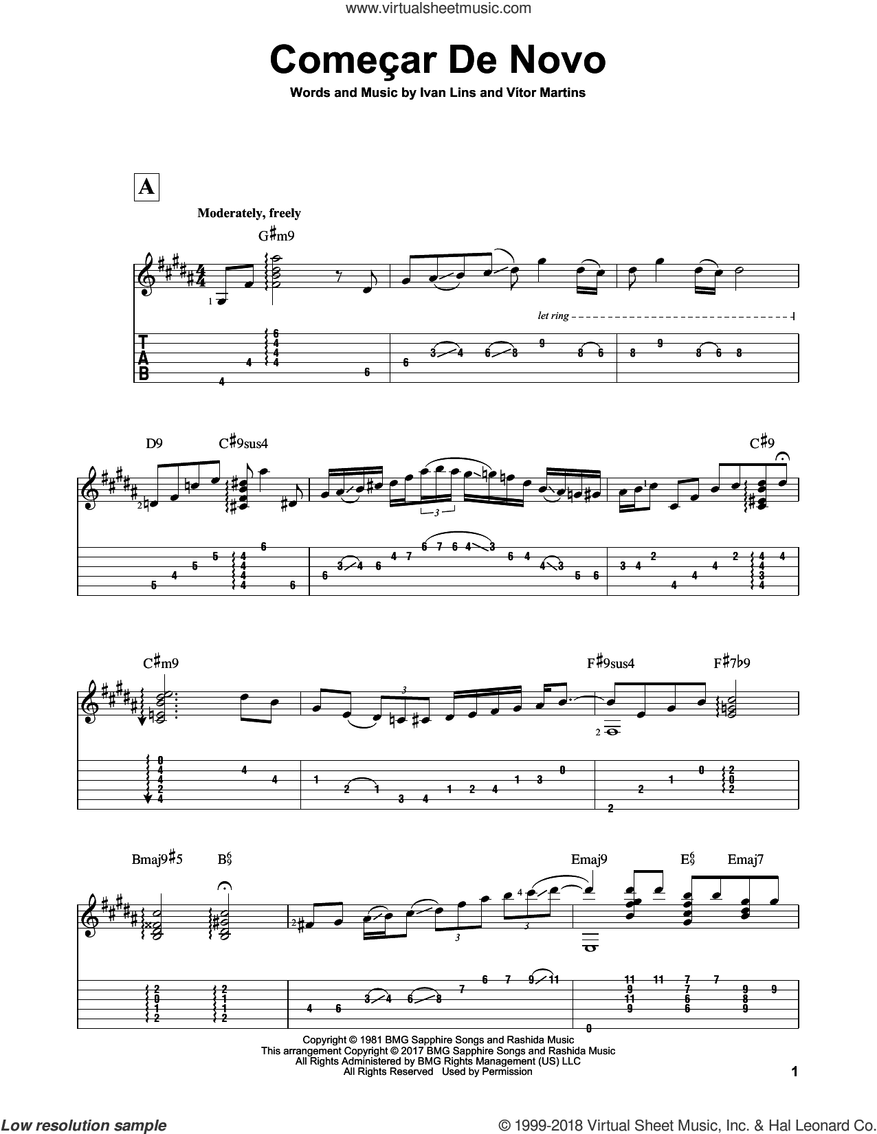 Comecar De Novo sheet music for guitar solo (PDF)