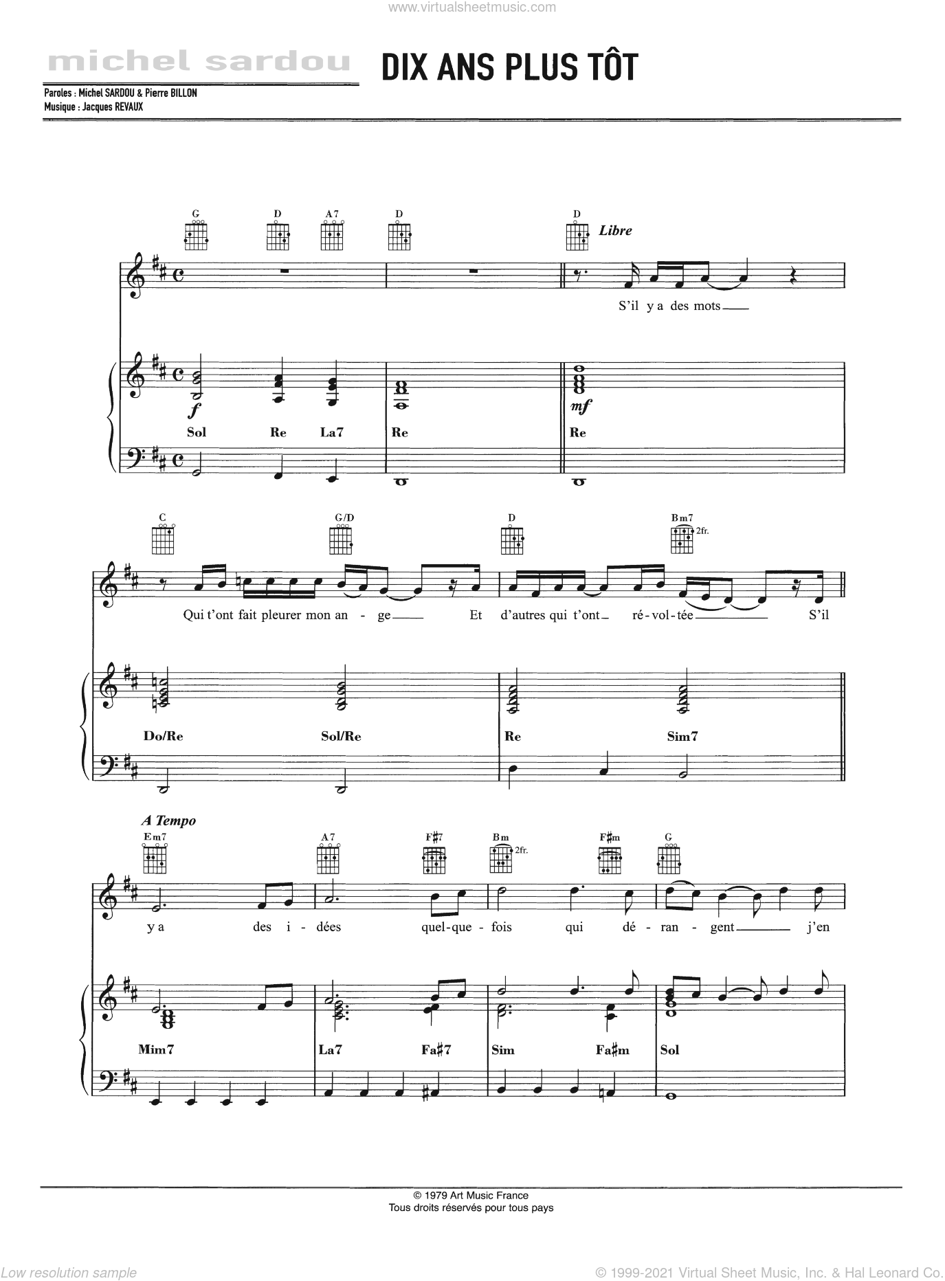 Sardou Dix Ans Plus Tot Sheet Music For Voice Piano Or Guitar