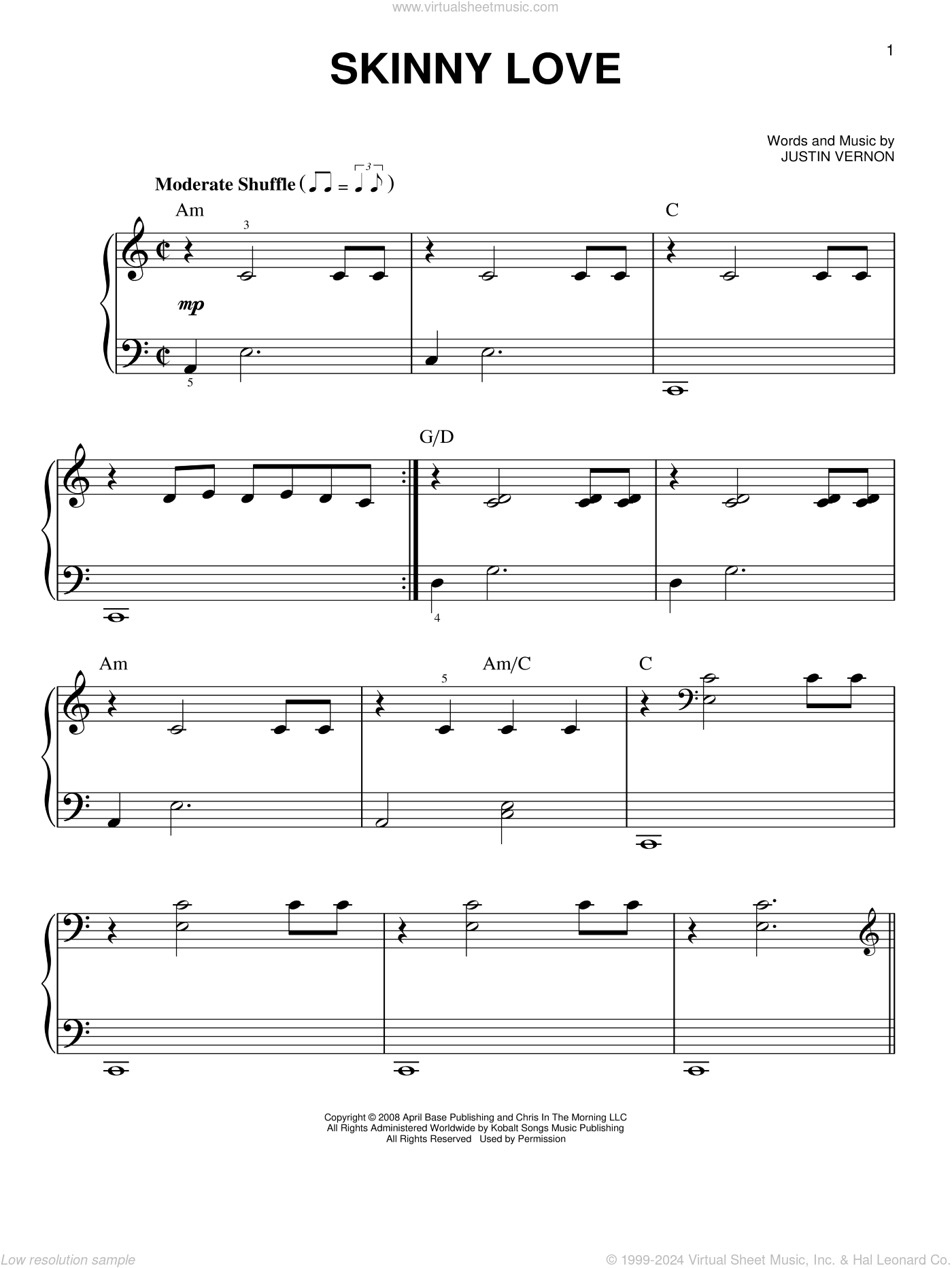 Bon Iver: Skinny Love sheet music for piano solo (PDF)