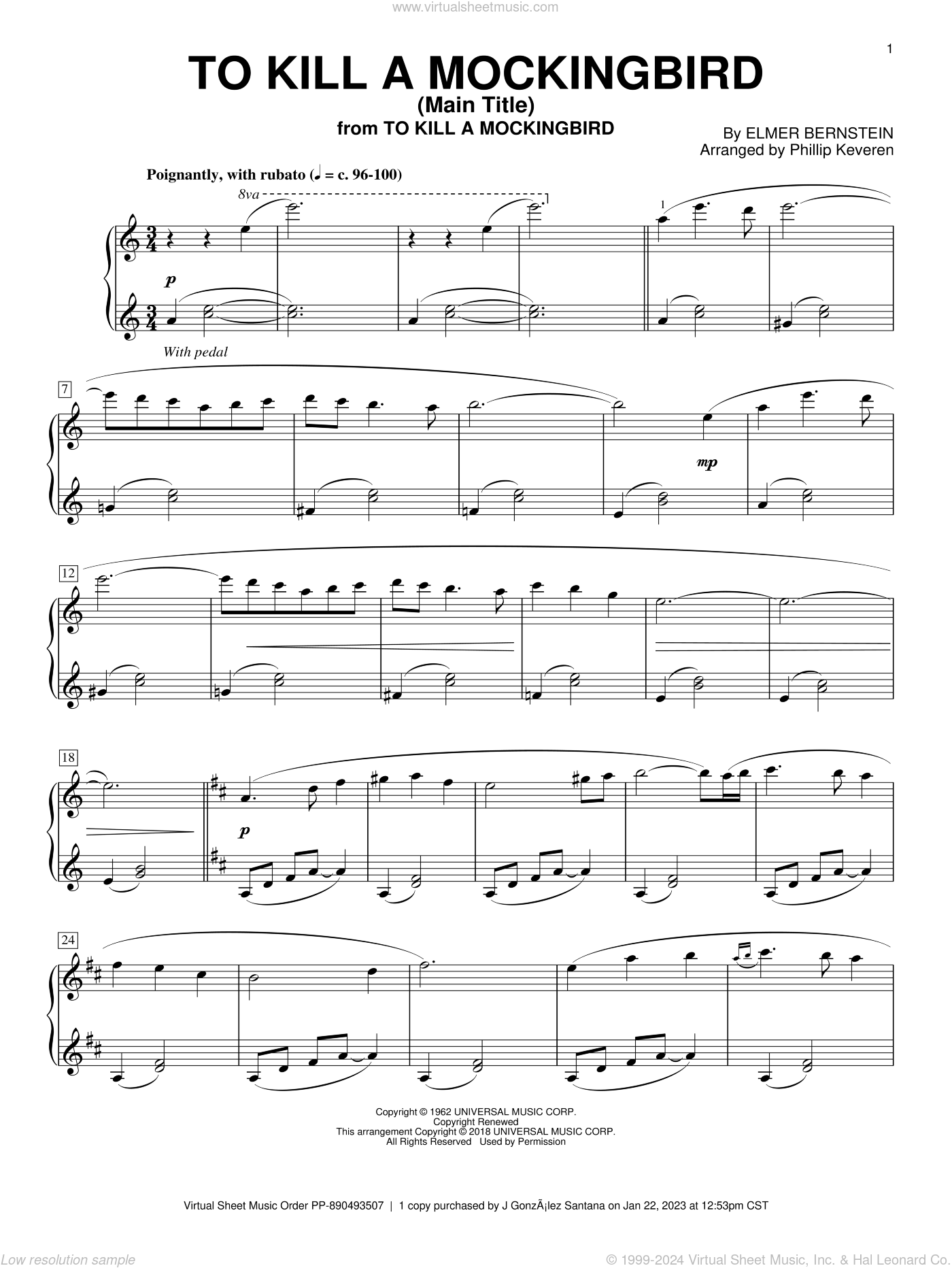 Bernstein To Kill A Mockingbird Main Title sheet music for piano solo