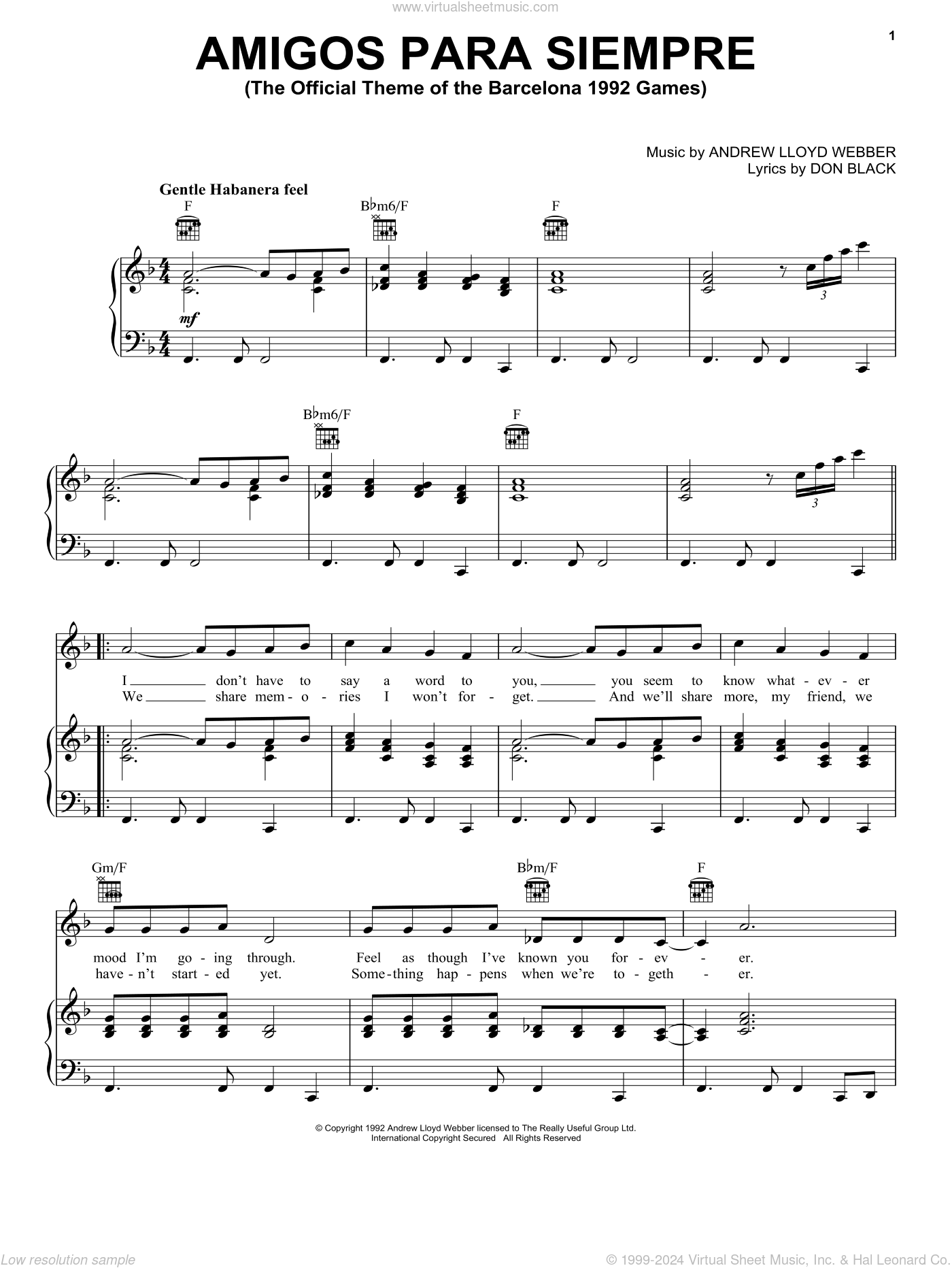 Andrew Lloyd Webber Amigos Para Siempre (Friends for Life) Sheet Music in  F Major (transposable) - Download & Print - SKU: MN0144096