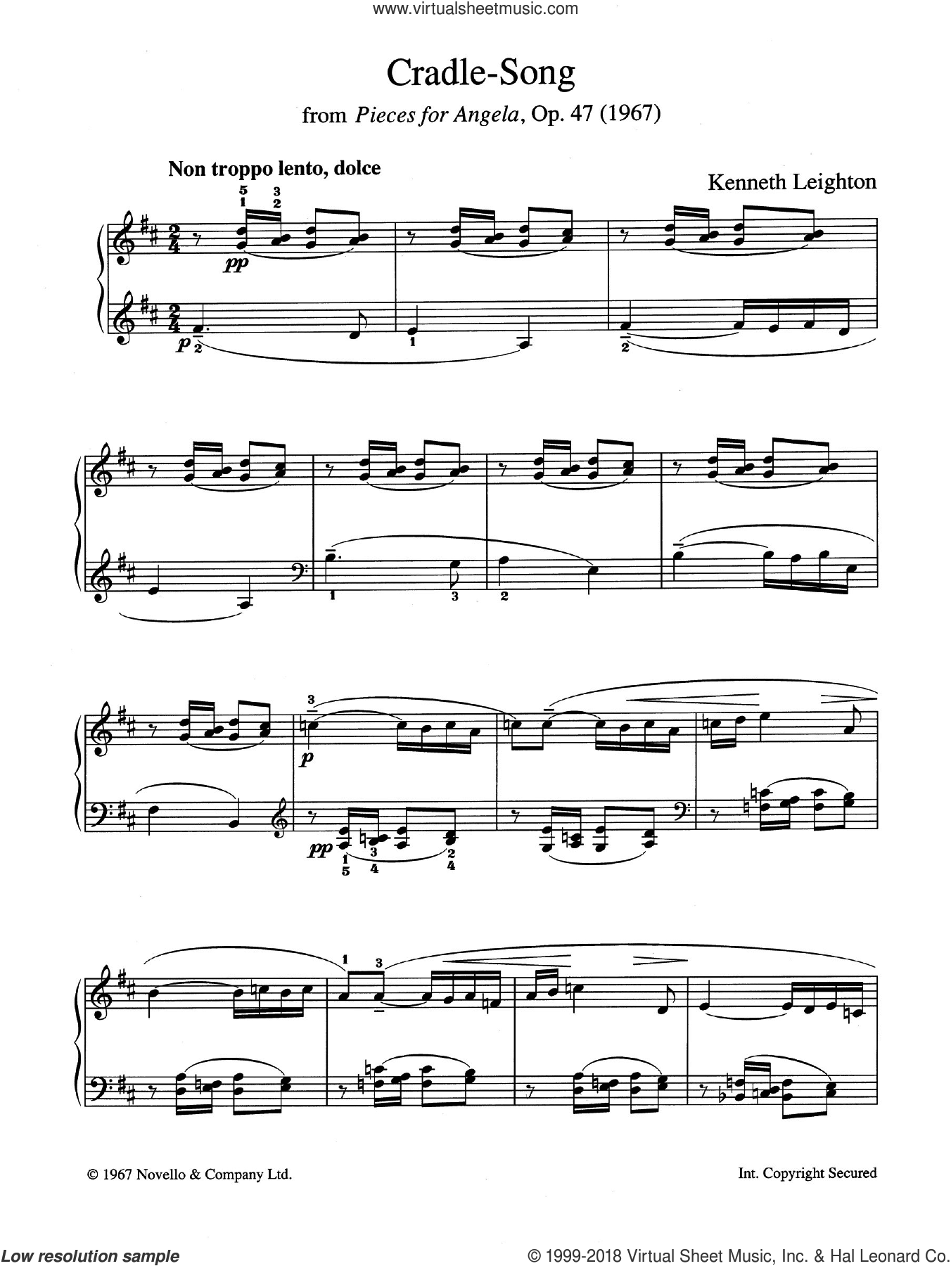 Cradle Song (from Pieces For Angela, Opus 47) sheet music for piano solo