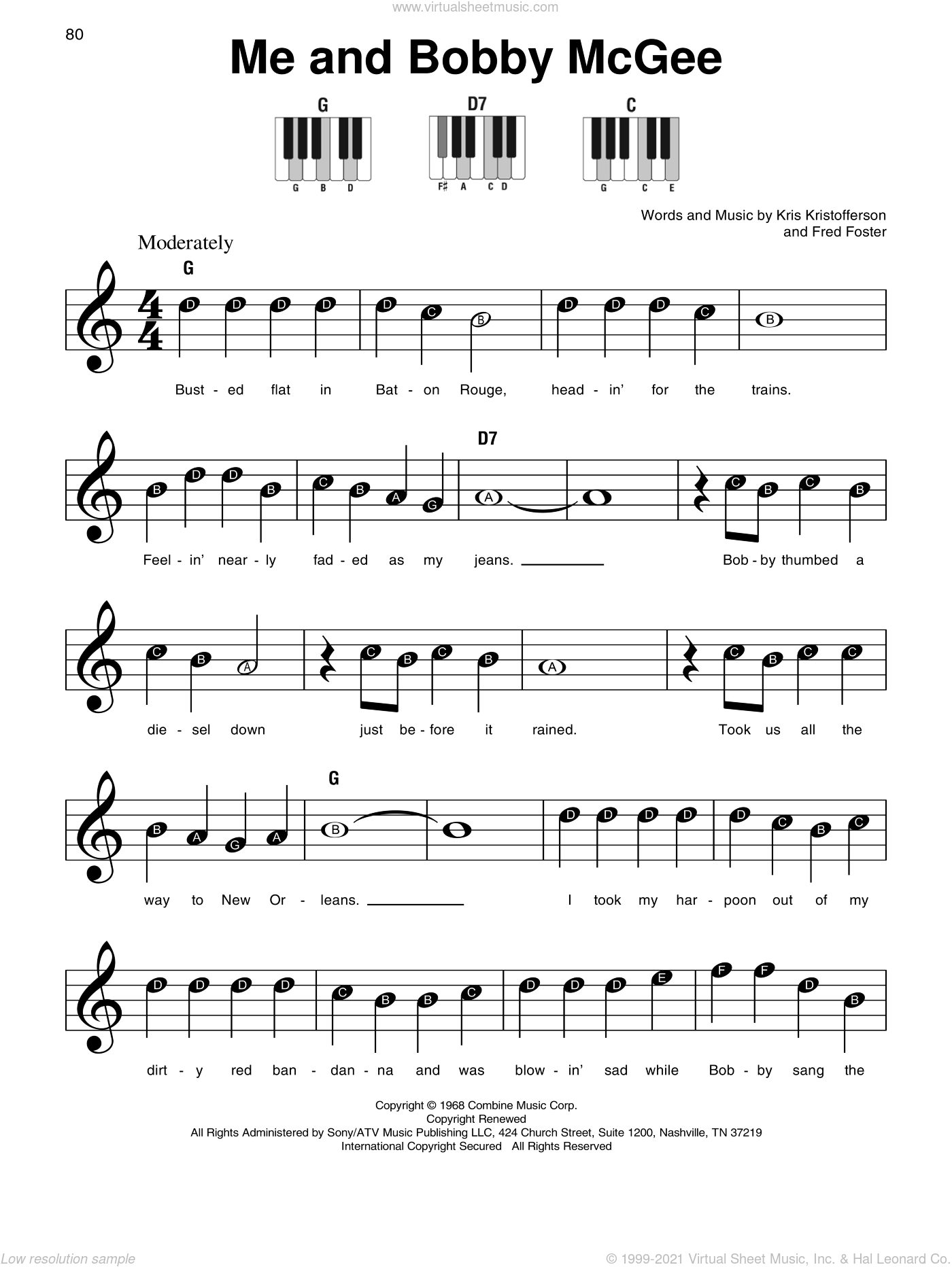 Kris Kristofferson: Me And Bobby McGee sheet music for piano solo