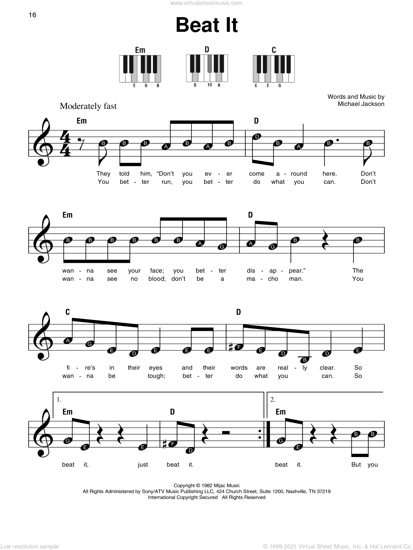 Beat It, (beginner) sheet music for piano solo (PDF)