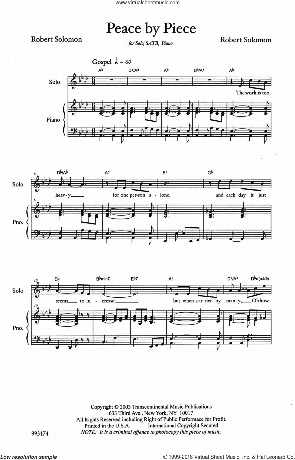 Solomon Piece By Peace Sheet Music For Choir Satb Soprano Alto Tenor Bass