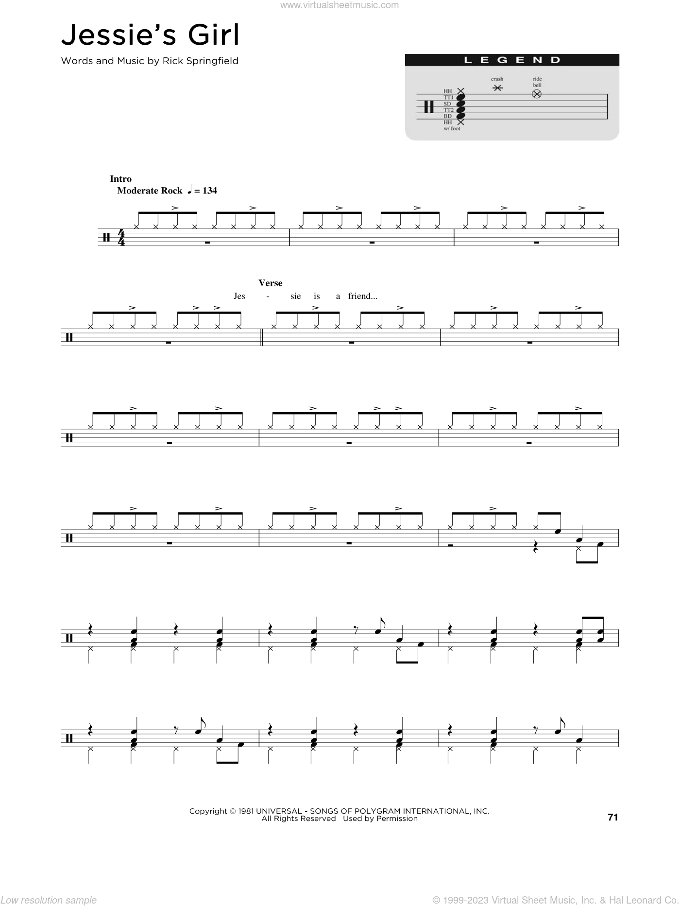 Springfield - Jessie's Girl sheet music for drums (percussions)