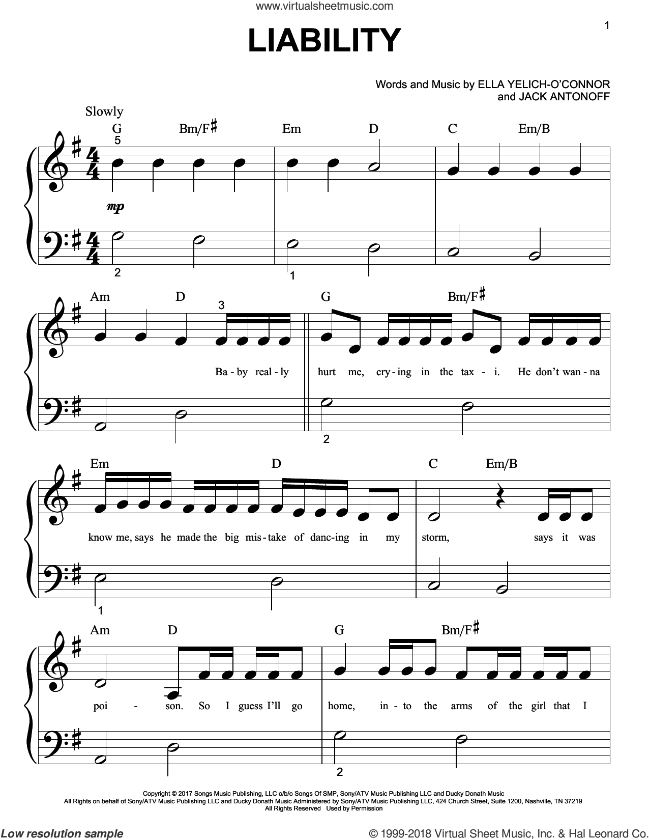 Liability sheet music for piano solo (big note book) by Lorde and Jack Antonoff, easy piano (big note book)