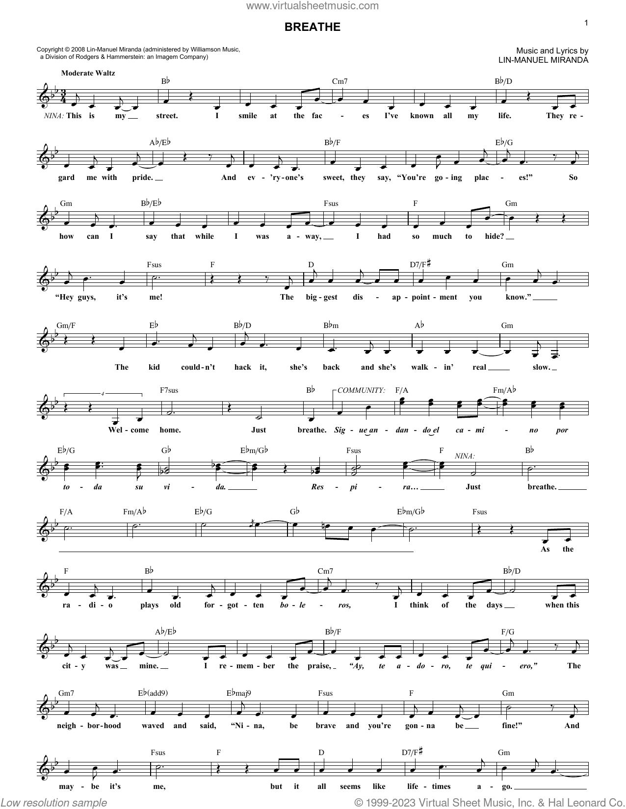 Breathe (from In The Heights: The Musical) sheet music (fake book)