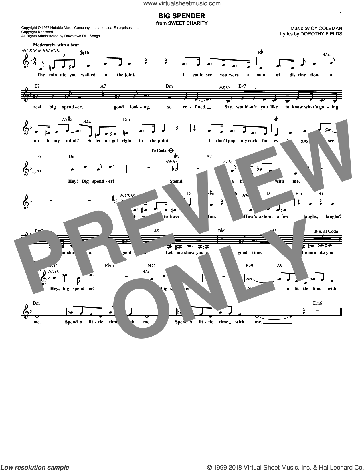 Big Spender sheet music (fake book) (PDF-interactive)