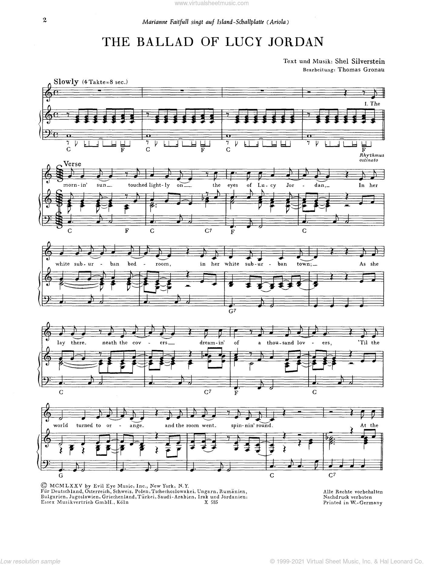 administration Cerebrum fingerprint The Ballad Of Lucy Jordan sheet music for voice, piano or guitar