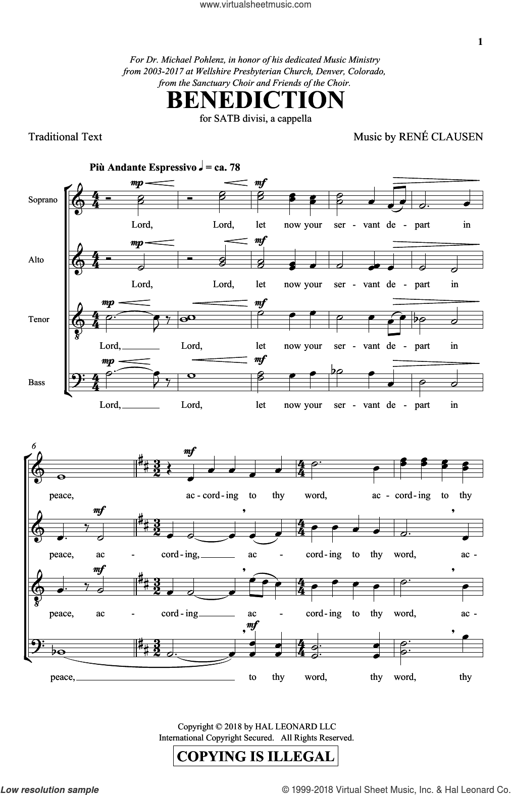 Benediction Sheet Music For Choir Satb Soprano Alto Tenor Bass 0949