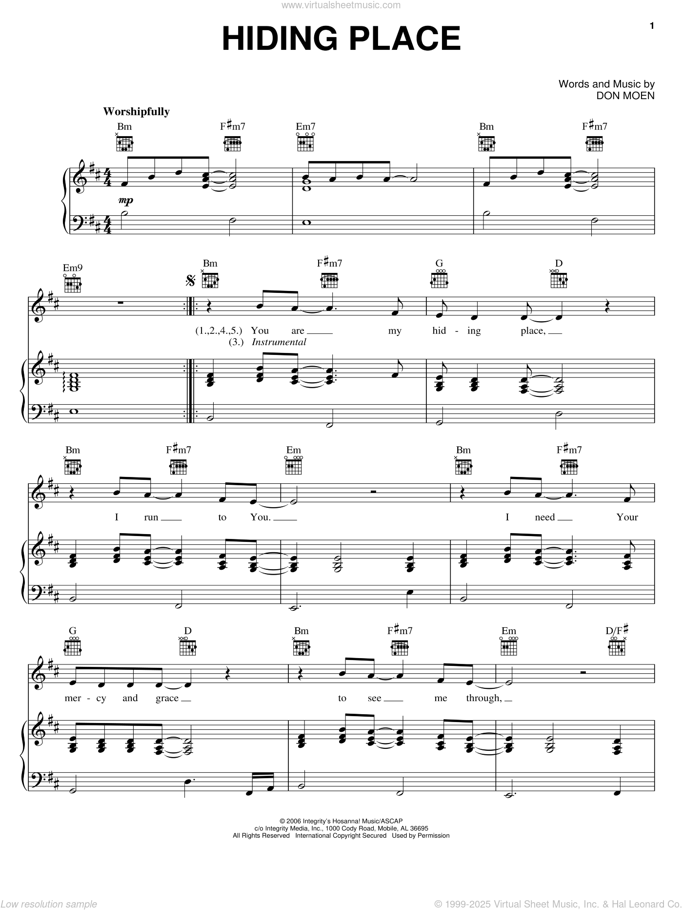 Hiding Place Chords PDF (Don Moen) - PraiseCharts