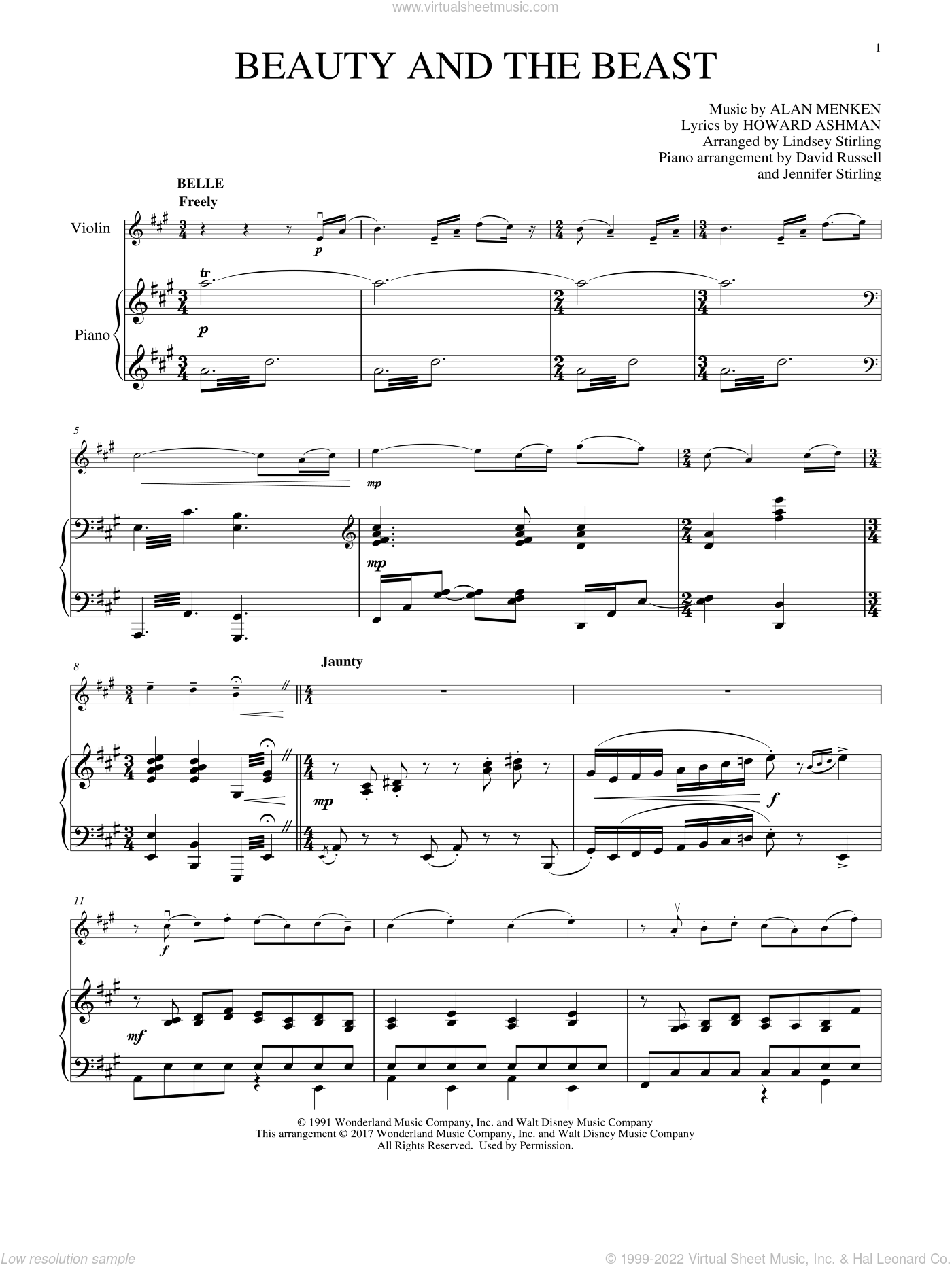 Menken Beauty And The Beast Medley Sheet Music For Violin And Piano