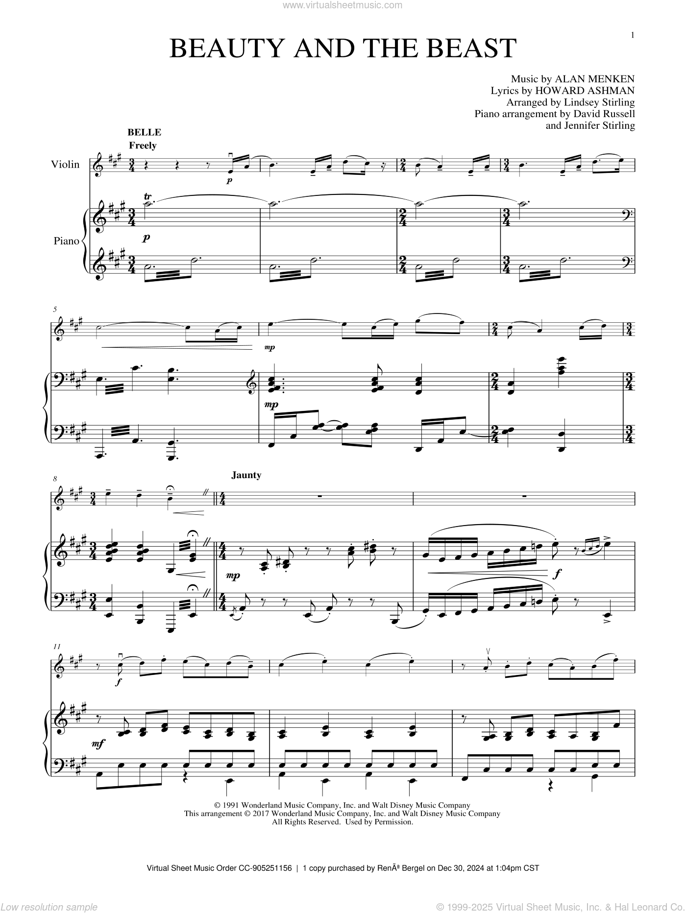 Menken Beauty And The Beast Medley Sheet Music For Violin And Piano