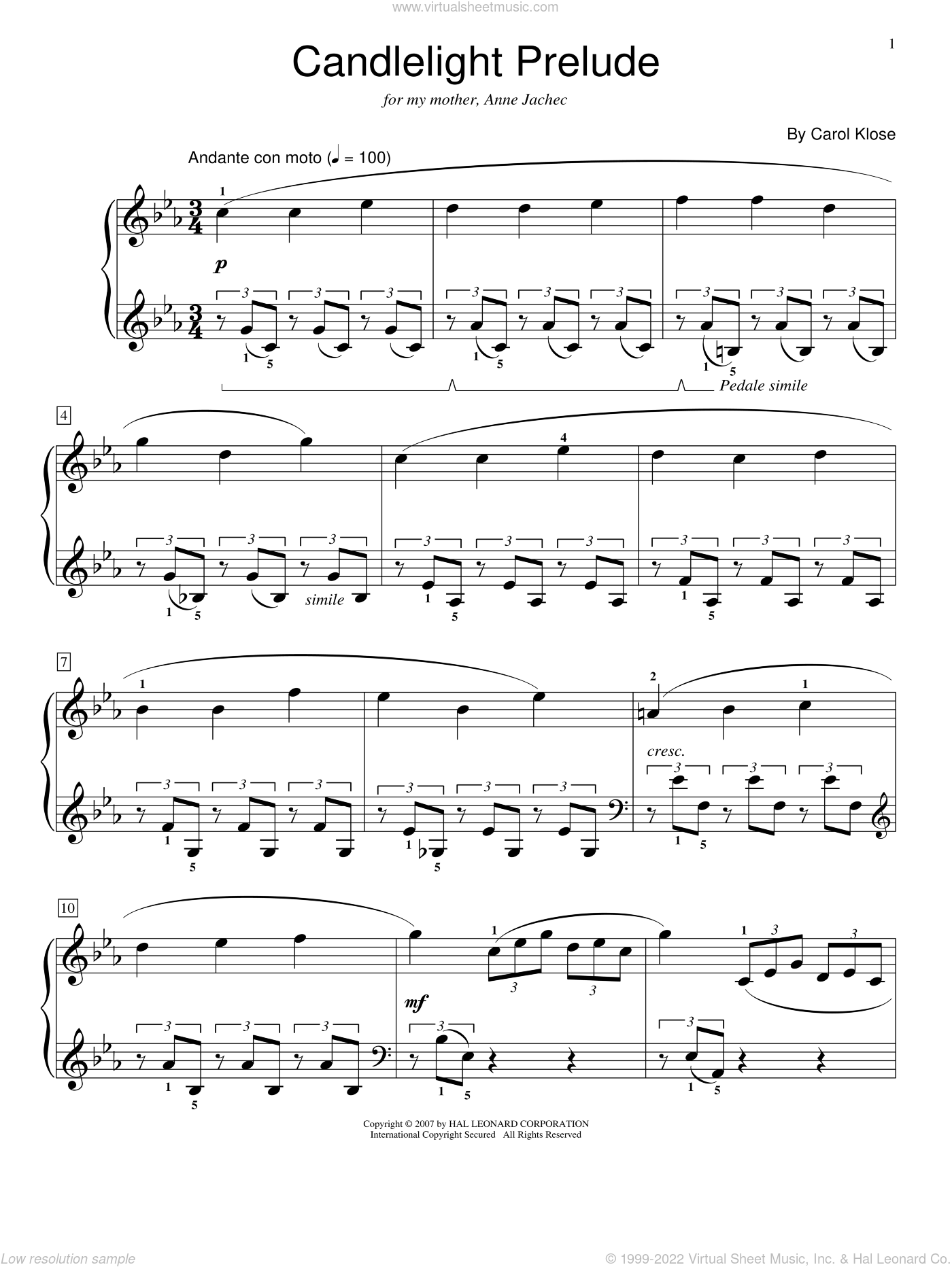 Klose Candlelight Prelude Sheet Music For Piano Solo Elementary