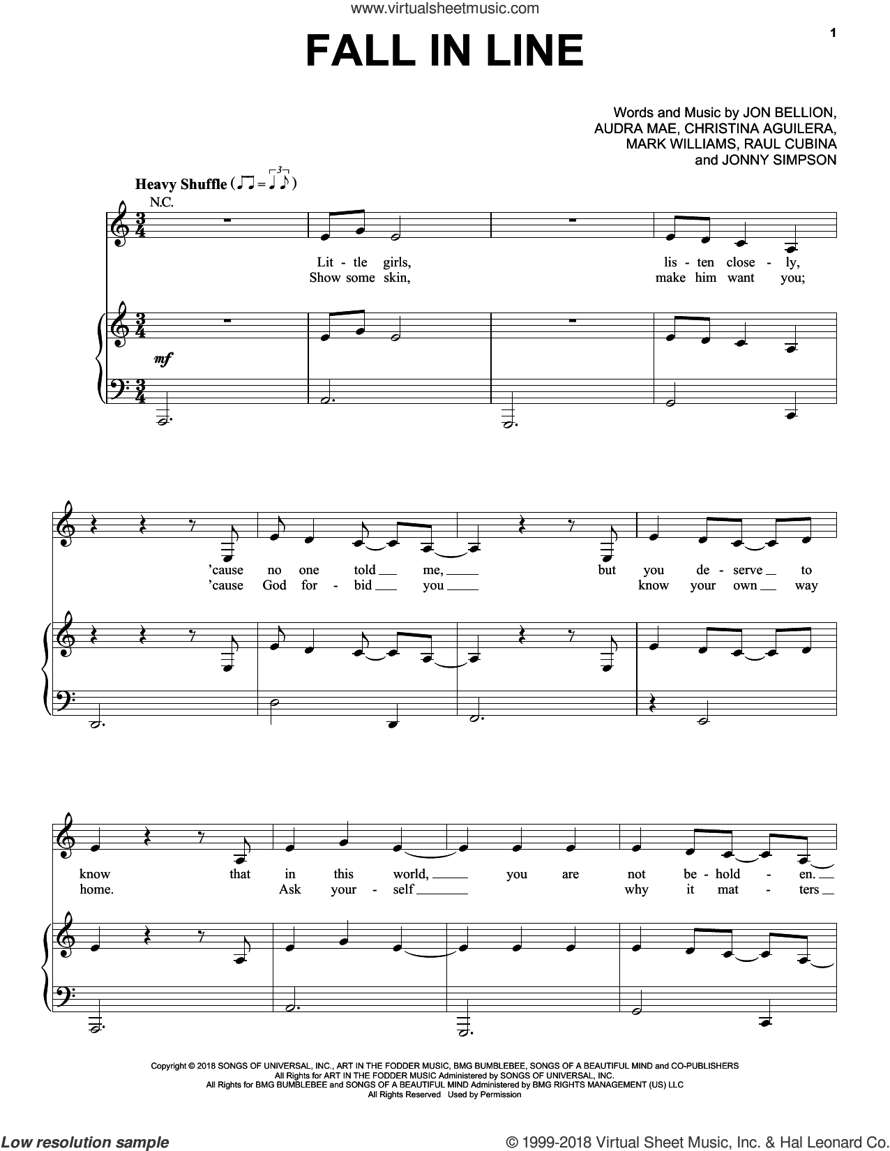 Fall In Line sheet music for voice, piano or guitar (PDF)