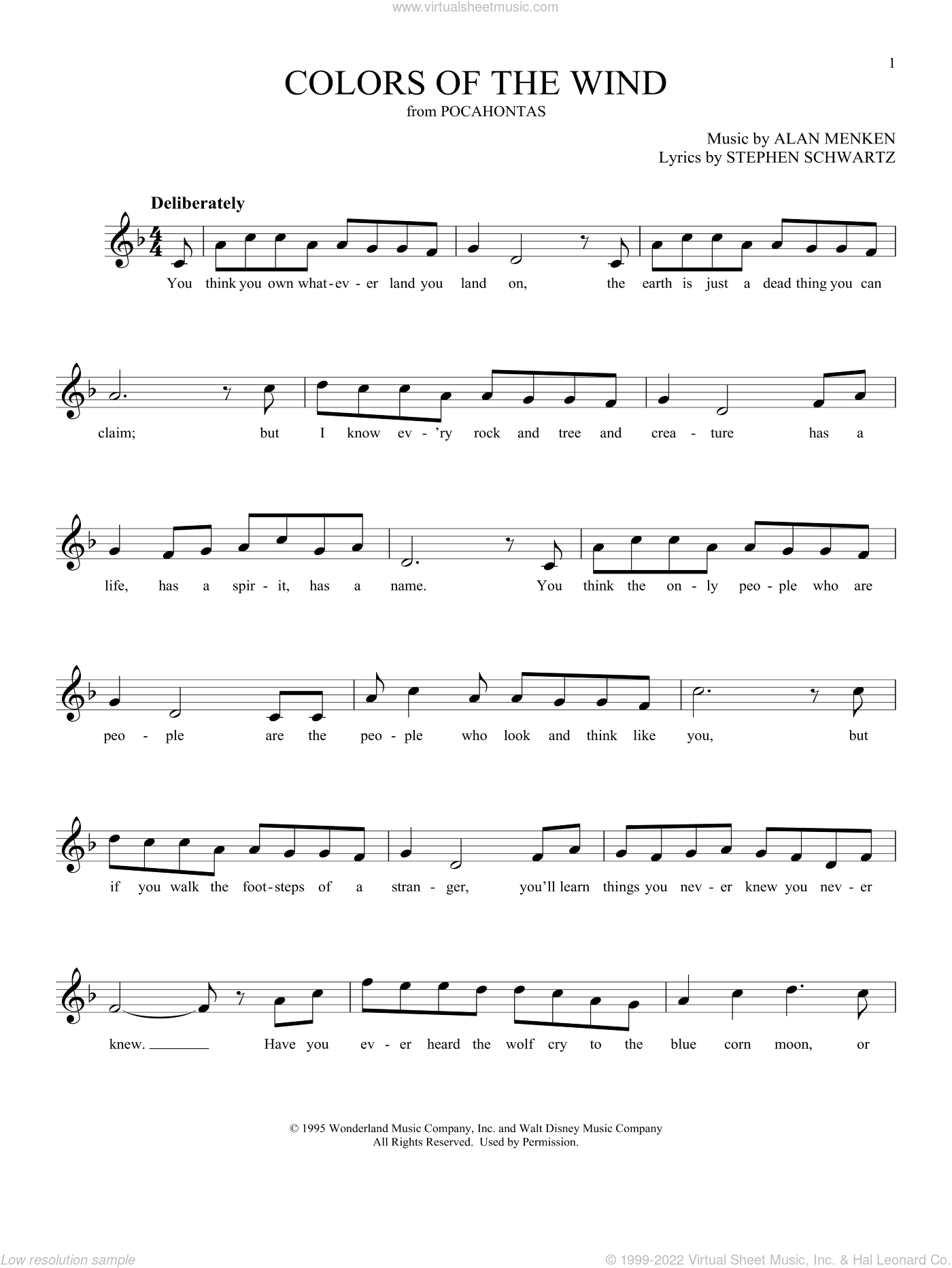 Williams - Colors Of The Wind sheet music for ocarina solo [PDF]