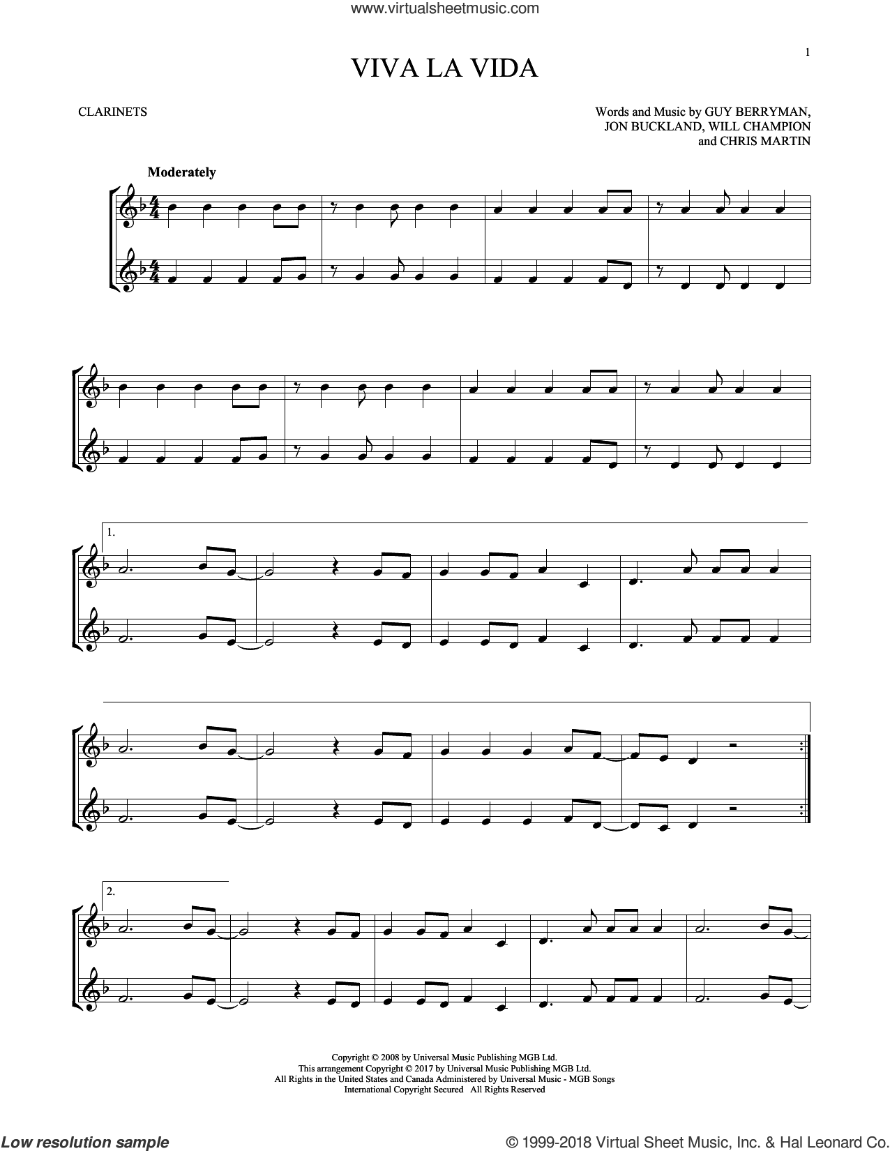 Berryman - Viva La Vida sheet music for two clarinets (duets)