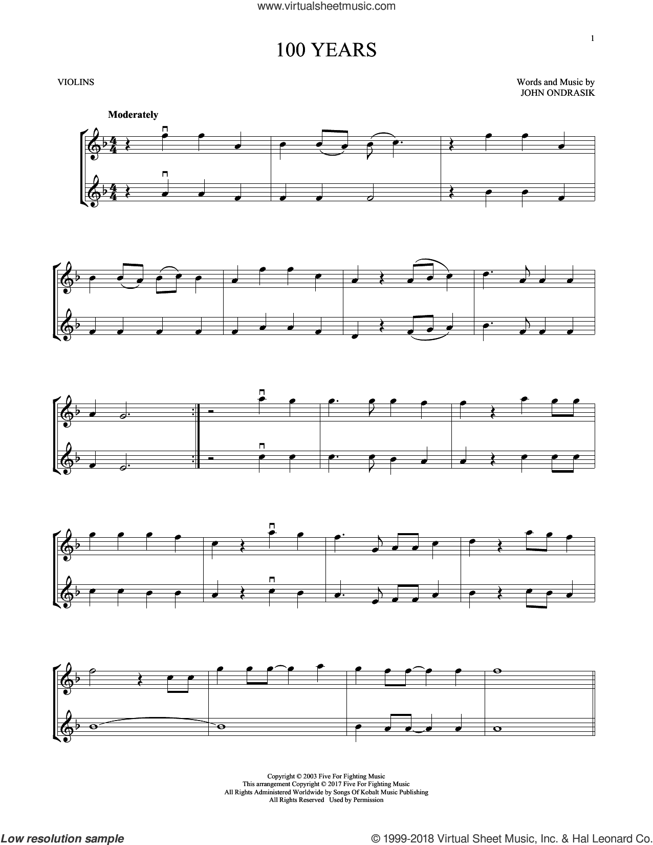 100 Years sheet music for two violins (duets, violin duets) (PDF)