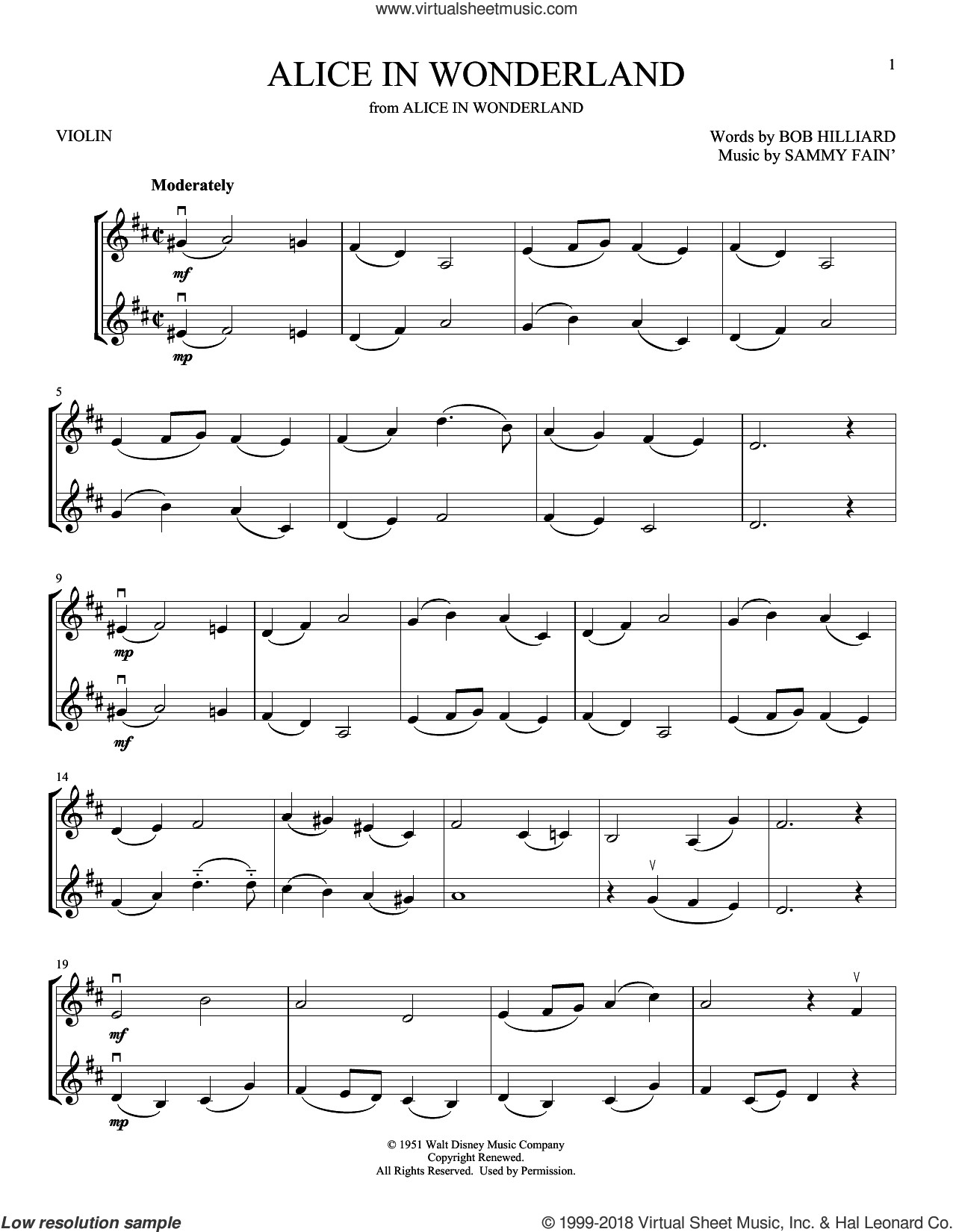 Alice In Wonderland sheet music for two violins (duets, violin duets)