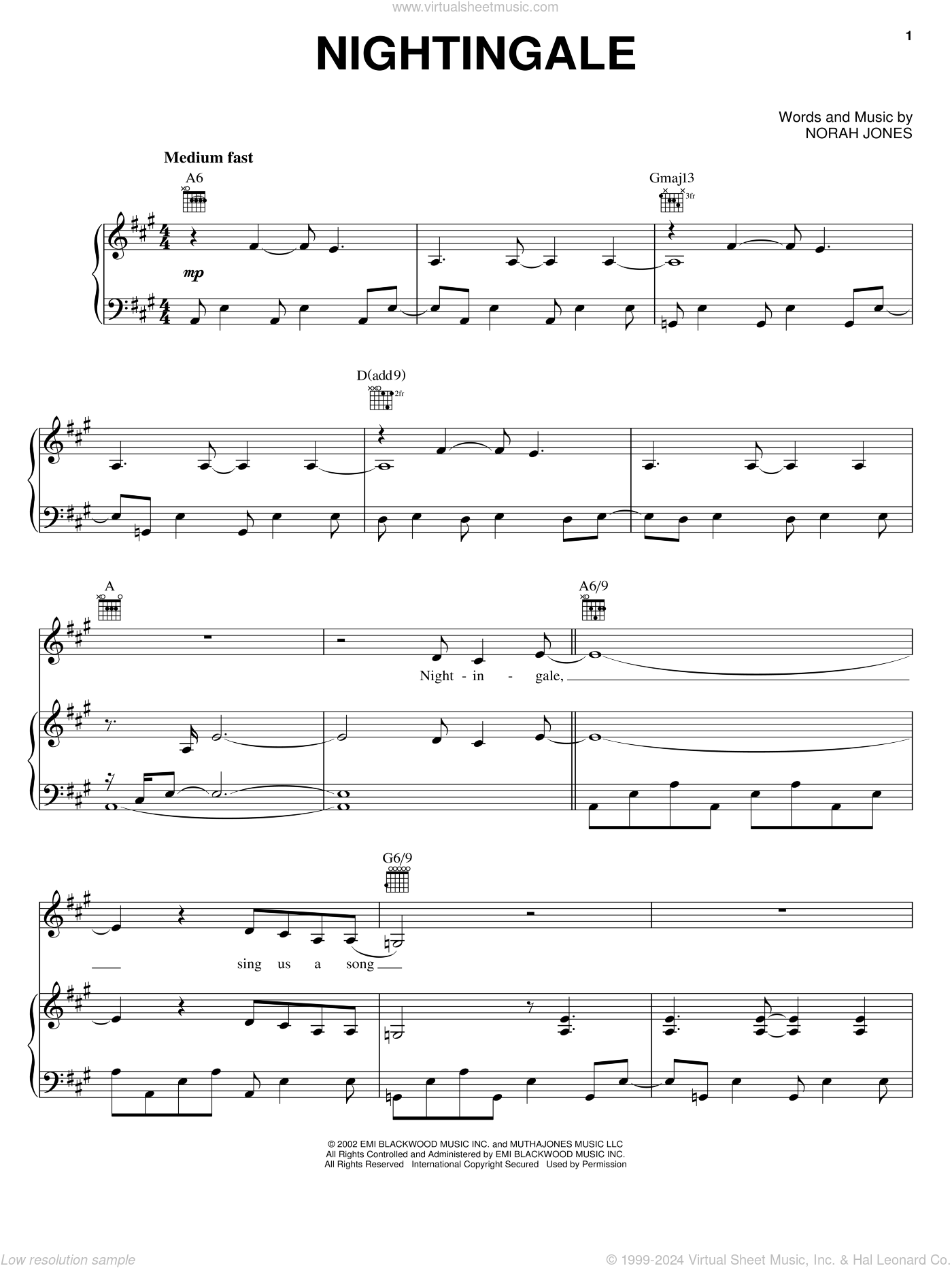 Nightingale sheet music for voice, piano or guitar (PDF)