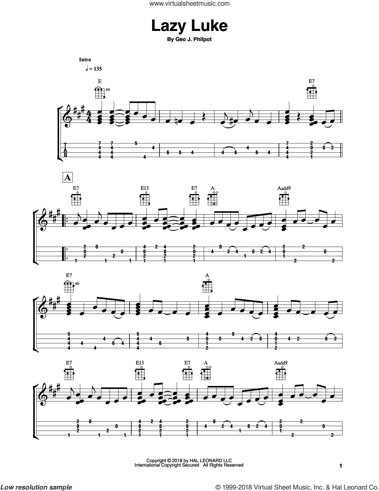 Lazy Luke (arr. Fred Sokolow) sheet music for ukulele (easy tablature