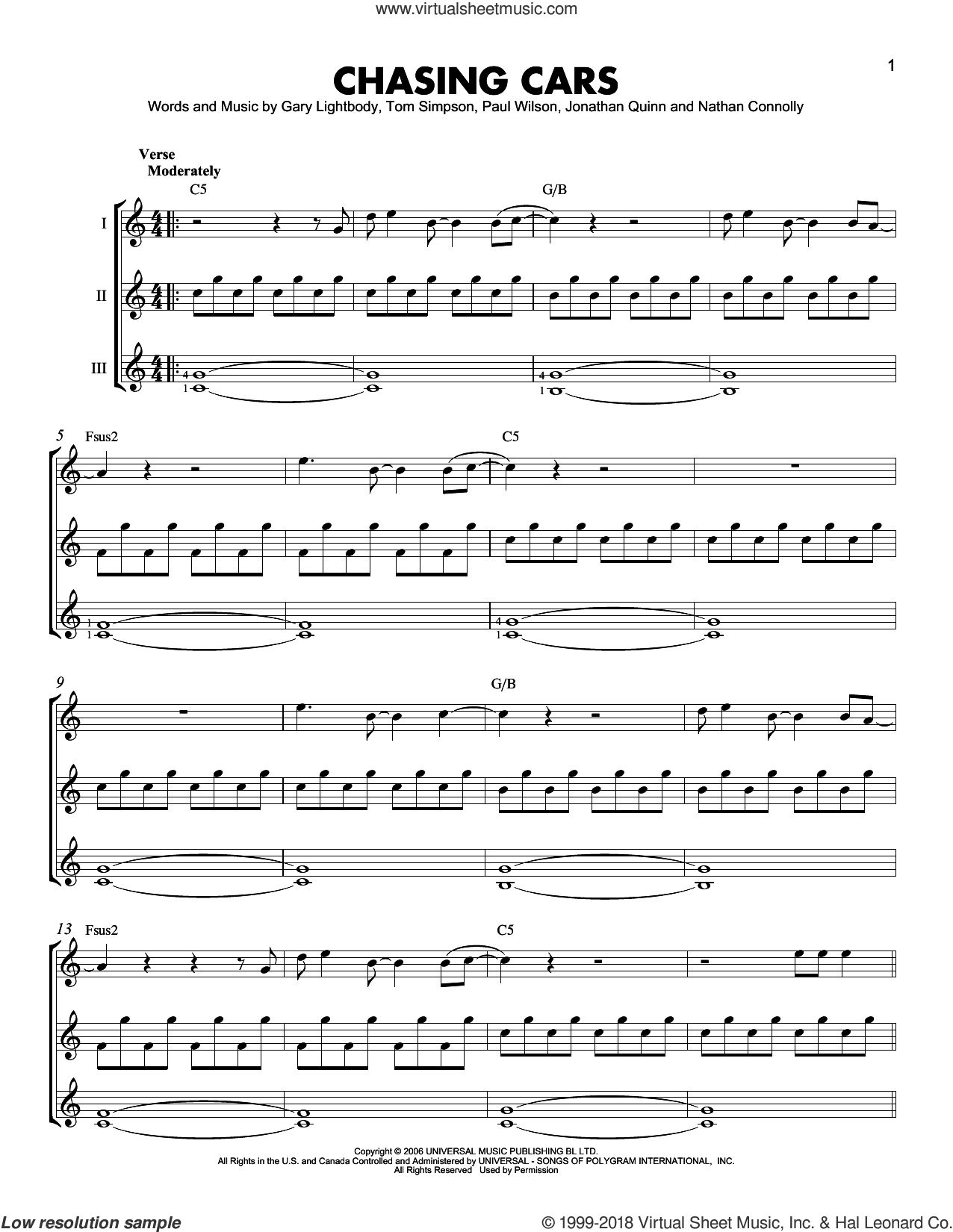 Chasing Cars sheet music for guitar ensemble (PDF)
