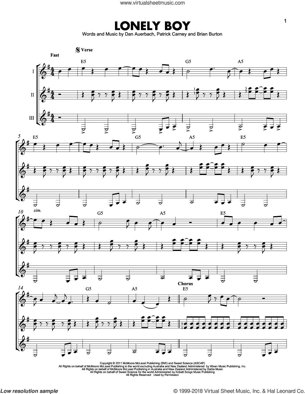 Lonely Boy sheet music for guitar ensemble (PDF)