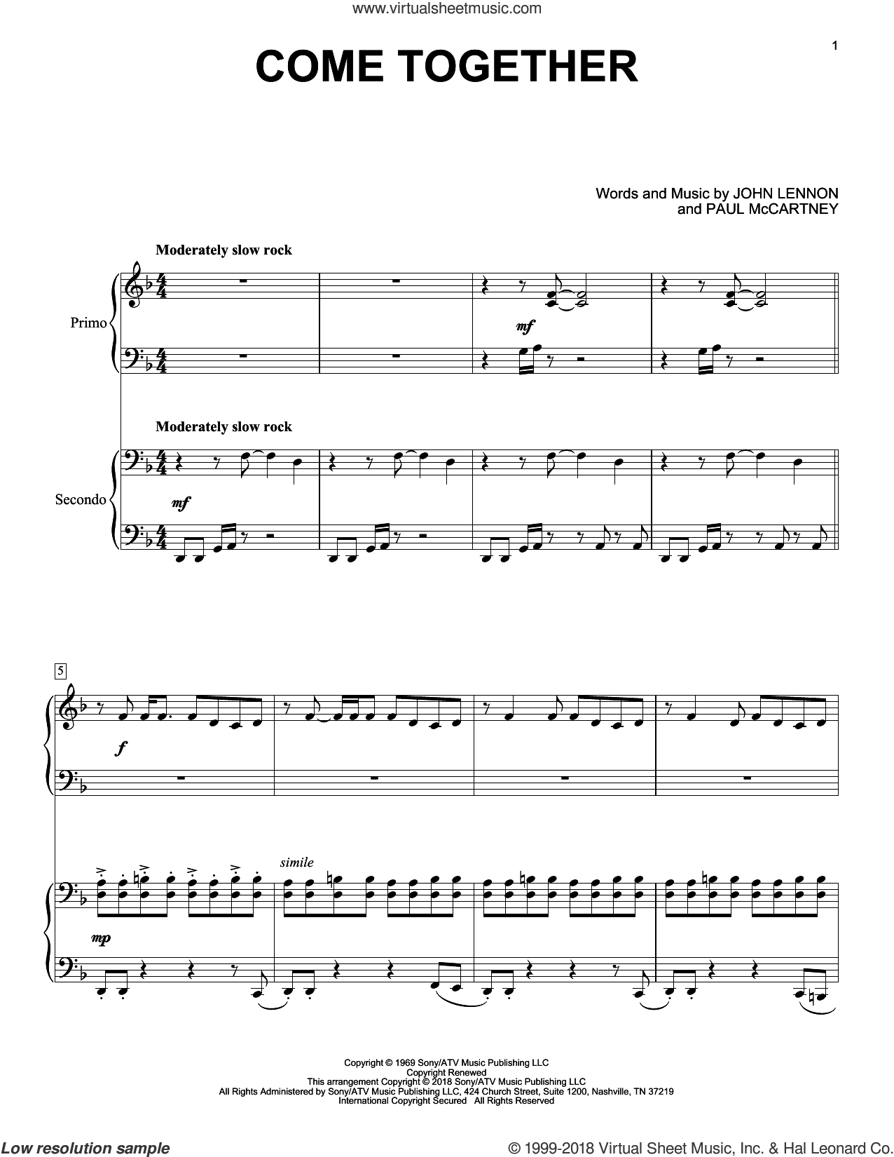 Come Together Sheet Music For Piano Four Hands (pdf-interactive)