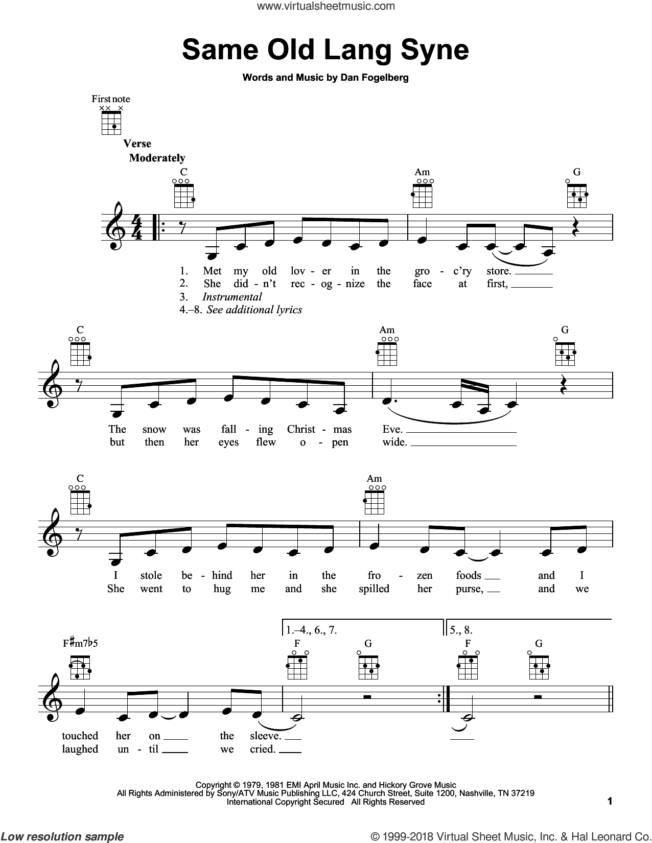 Same Old Lang Syne sheet music for ukulele (PDF)