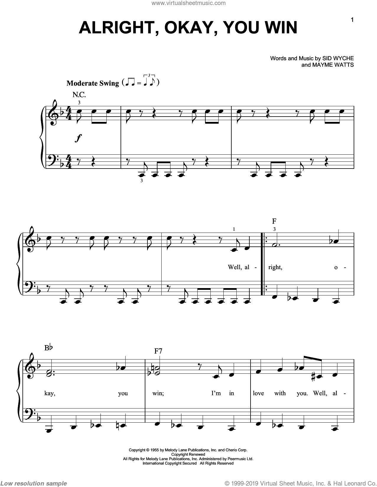 Alright, Okay, You Win, (easy) sheet music for piano solo (PDF)