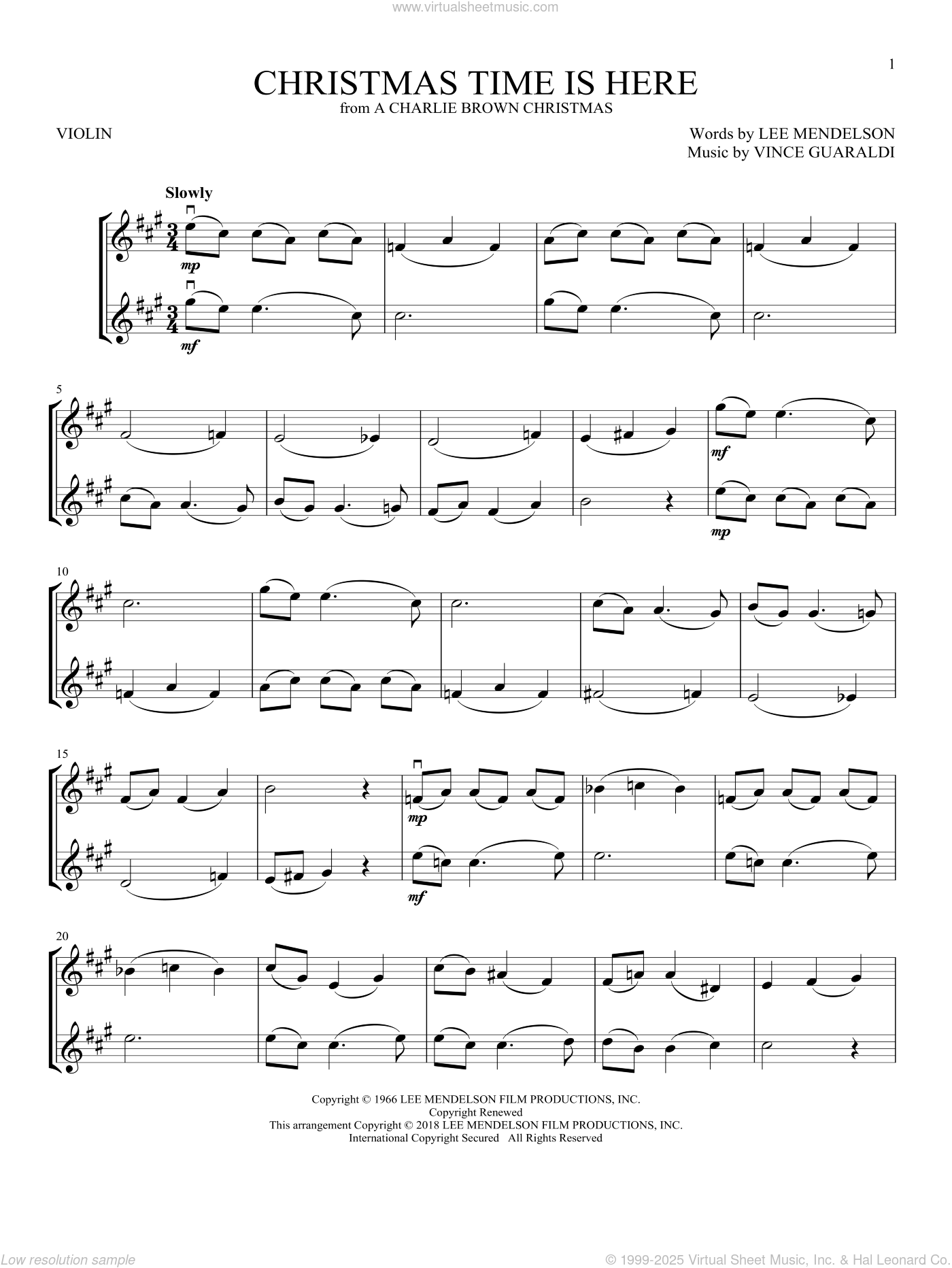 Christmas Time Is Here sheet music for two violins (duets, violin duets)
