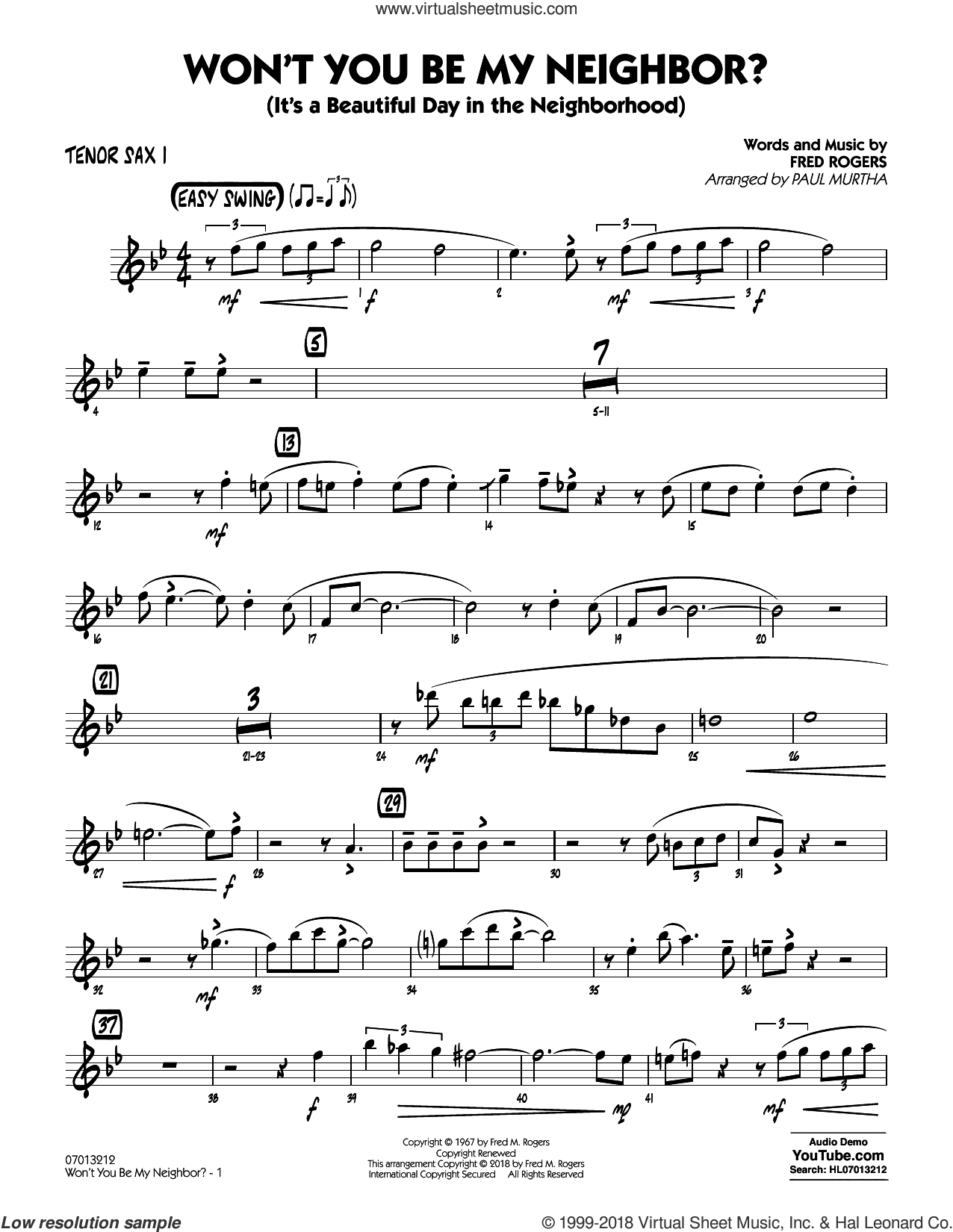 Won't You Be My Neighbor? sheet music for jazz band (tenor sax 1)