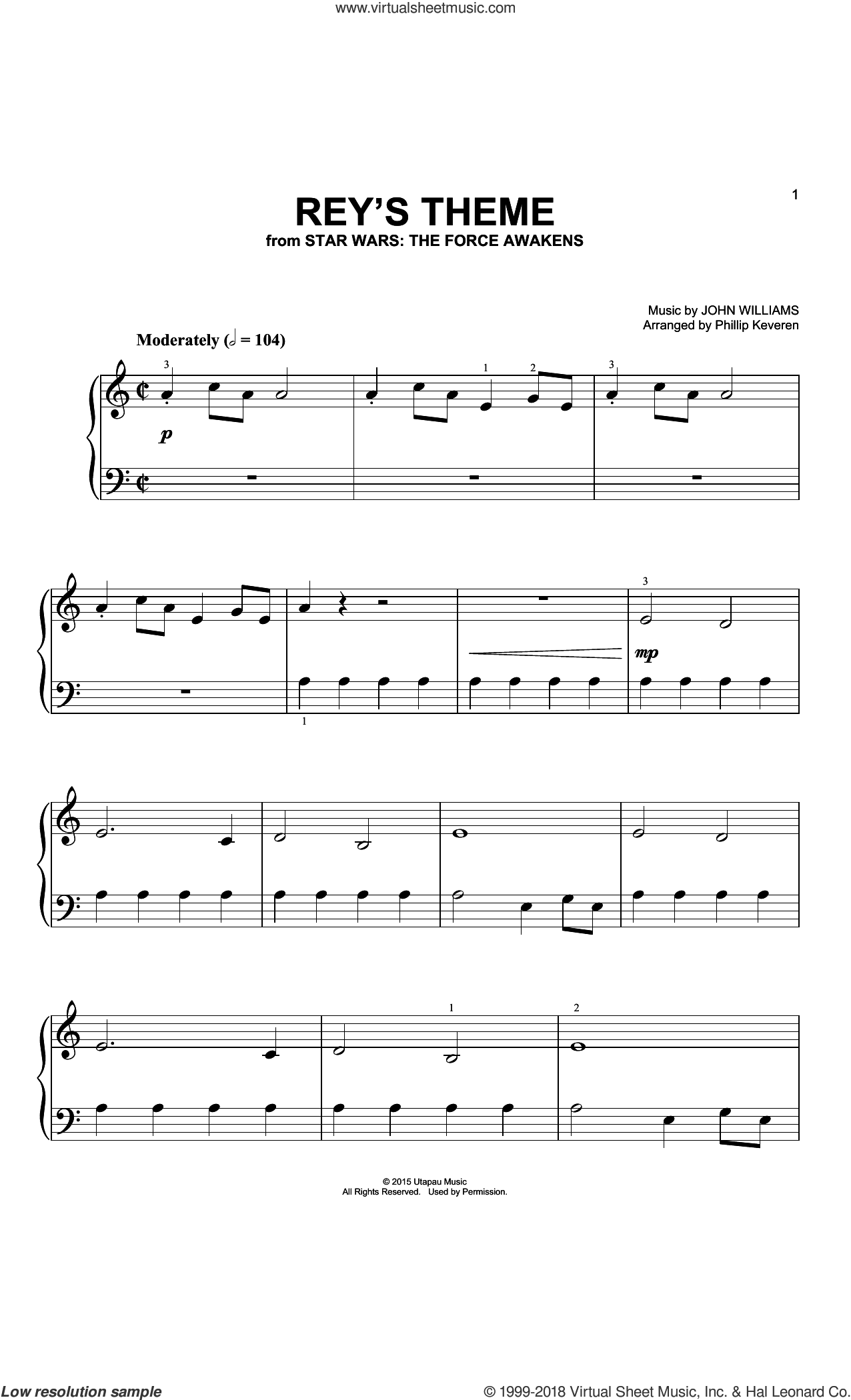 Rey's Theme (arr. Phillip Keveren) sheet music for piano solo (big note ...