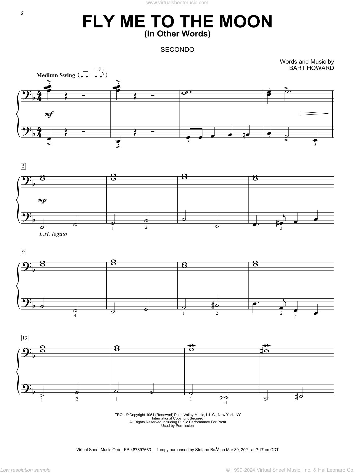 Howard - Fly Me To The Moon (In Other Words) sheet music for piano four