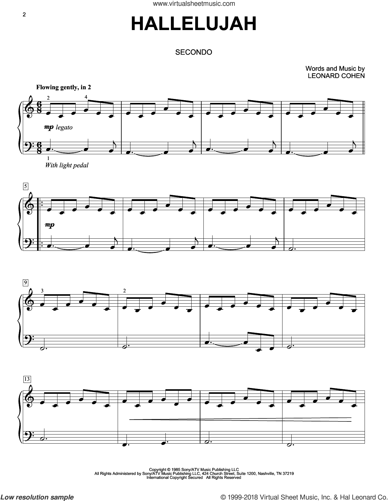 Leonard Cohen: Hallelujah for piano four hands, intermediate sheet music. 