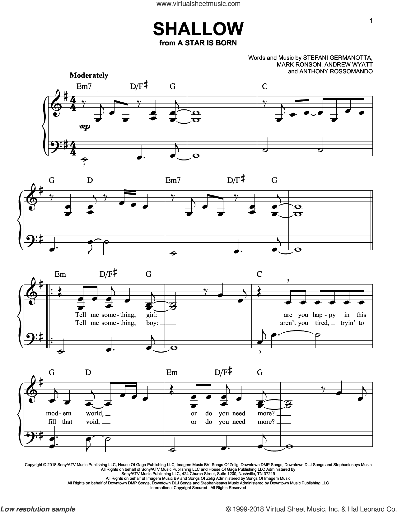 Shallow (from A Star Born) sheet music for piano solo (PDF)
