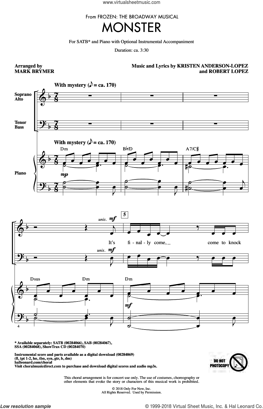 Monster (from Frozen: The Broadway Musical) (arr. Mark Brymer) sheet ...