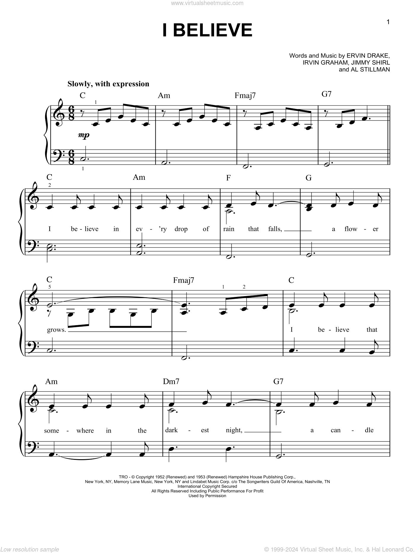 Al Stillman: I Believe sheet music for piano solo (PDF)